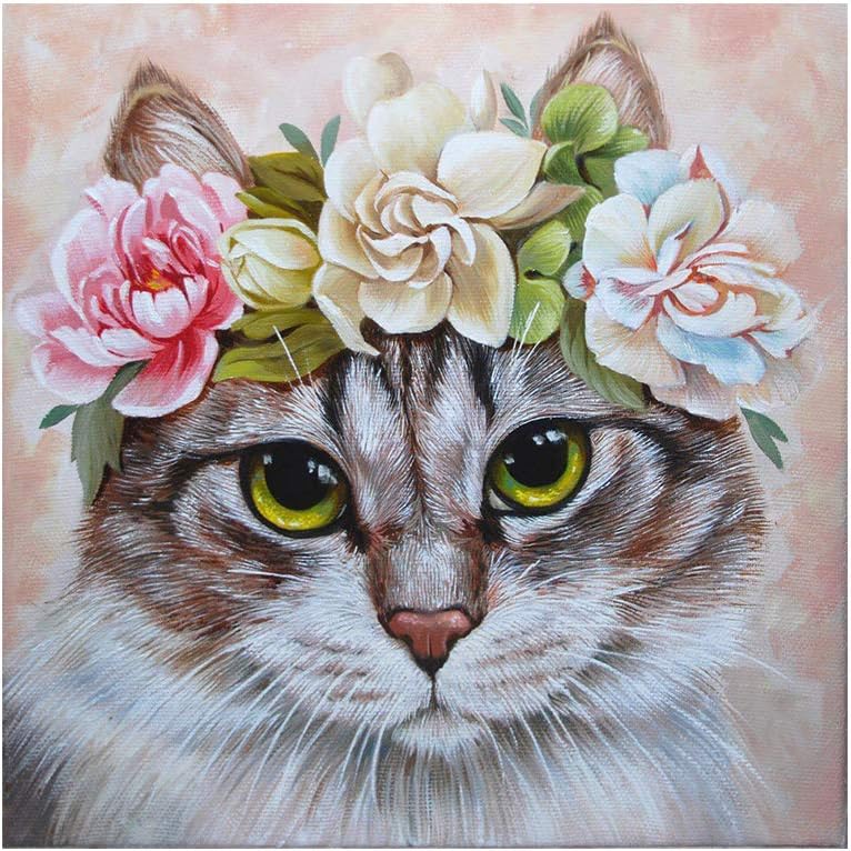 Lxmsja DIY 5D Full Diamond Painting Kit, Diamond Art Kits, Full Drill Diamond Painting for Adults, a Cat with a Wreath Paint with Diamonds Diamonds Embroidery by Number Home Wall Decor (11.8X11.8inch)