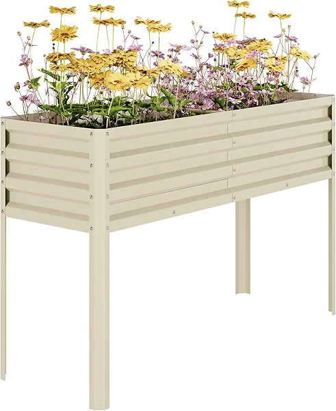 Galvanized Raised Garden Bed with Legs, 50×17×32In Large Elevated Planter Box for Outdoor Plants, Sturdy Metal Raised Garden Beds for Vegetables, Flowers & Herbs, Backyard, Patio, Beige
