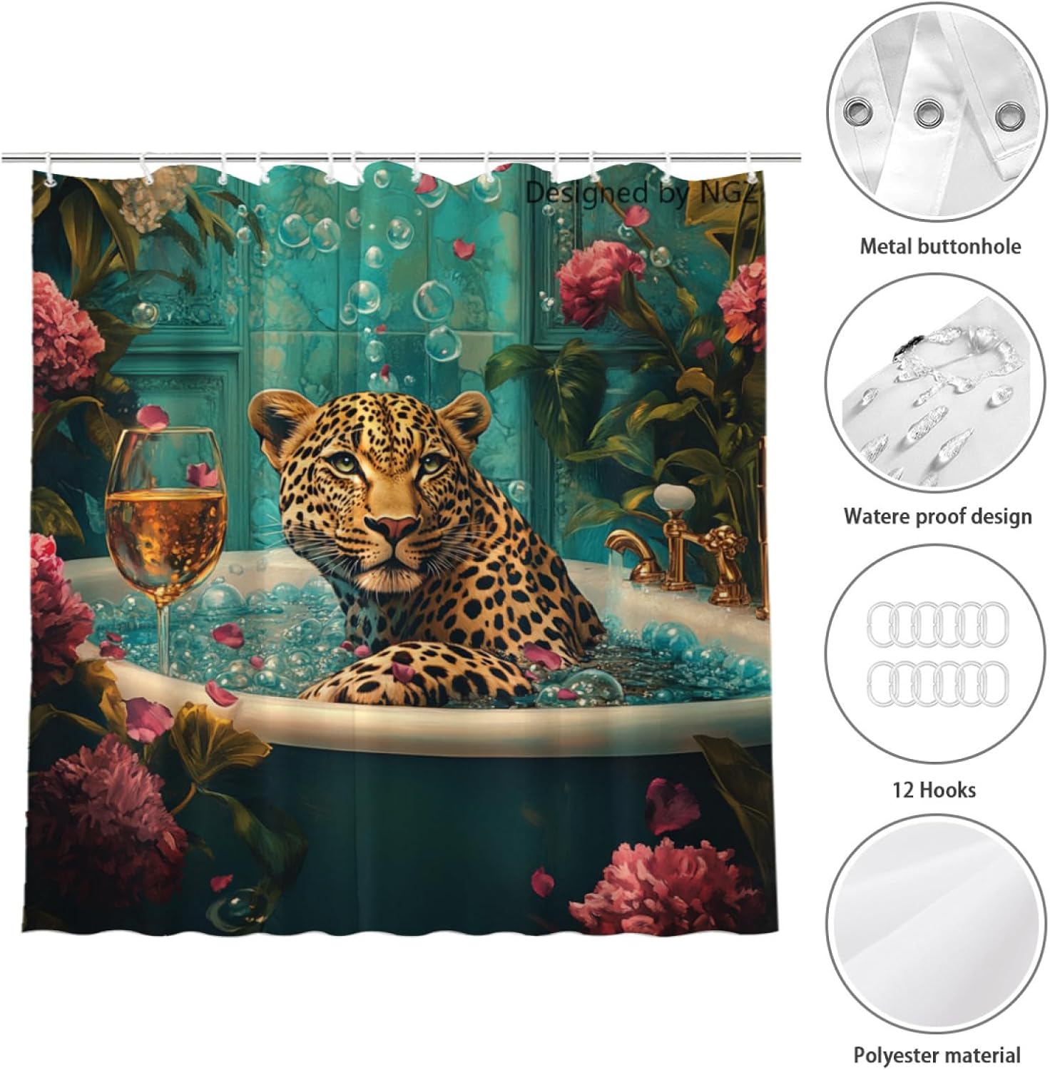NGZ Funny Leopard Teal Shower Curtain, SPA with Wine, Green Shower Curtain, 72x72 Inches Shower Curtains for Bathroom, Bath Curtains Set with 12 Hooks
