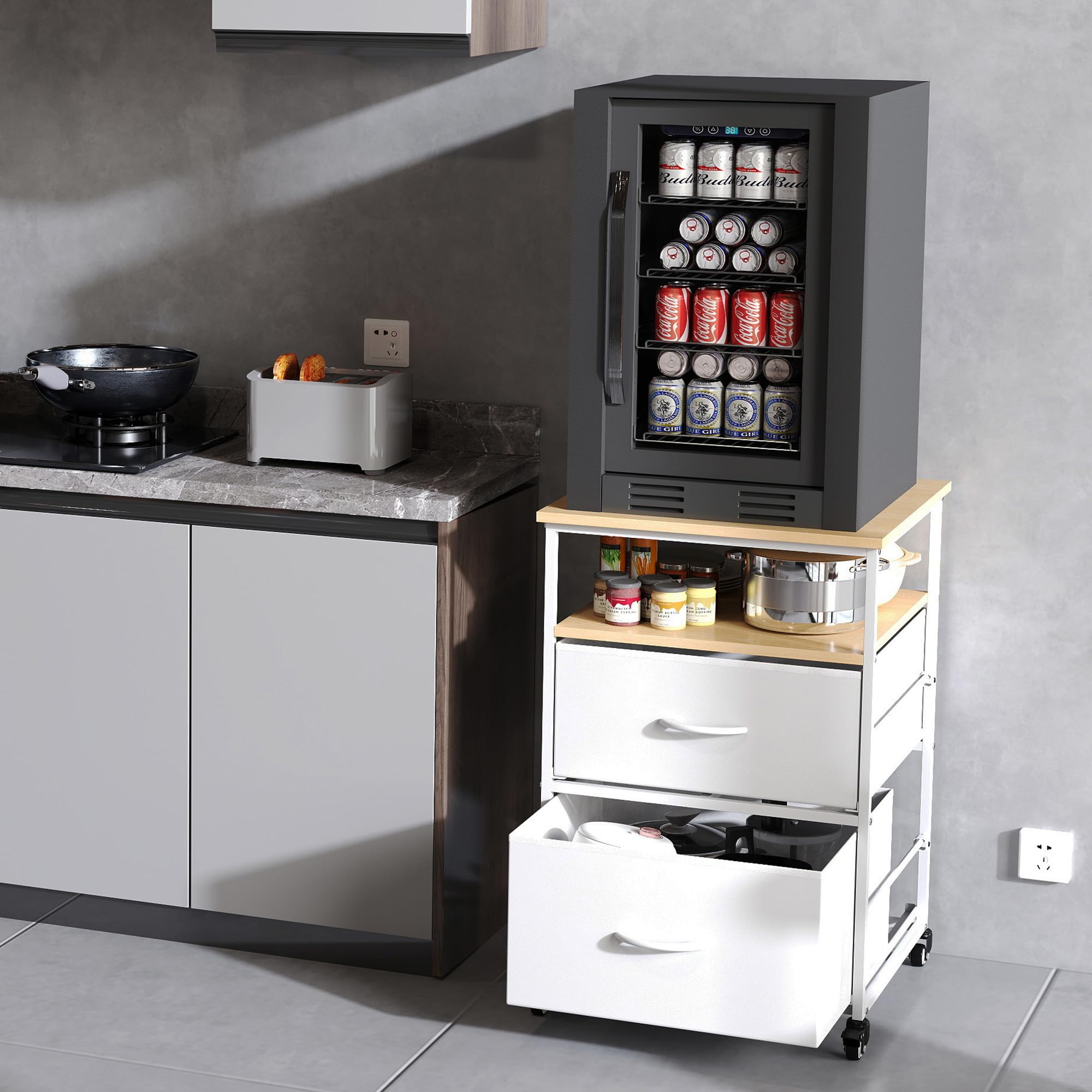 Mini support de réfrigérateur avec rangement mobile pour réfrigérateur - Mini armoire de réfrigérateur compacte à roulettes pour cuisine, chambre à coucher, bureau, dortoir, blanc
