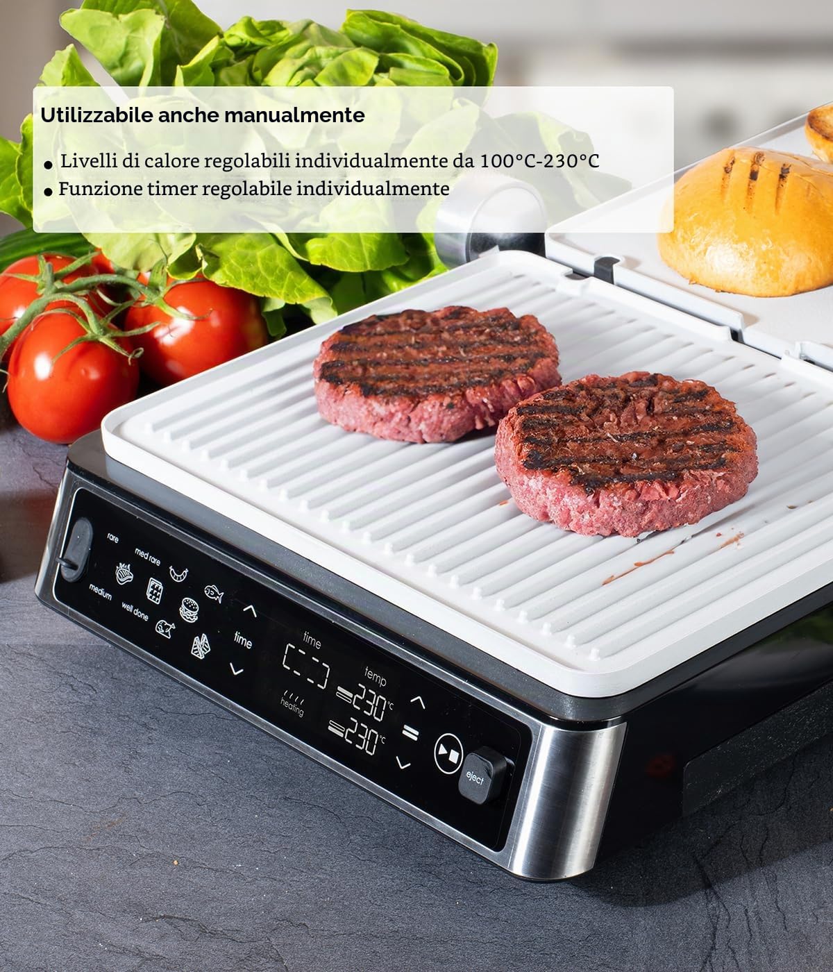 Genius Chef - Griglia elettrica a contatto, in acciaio inox, per panini, bistecche, piastre rimovibili, tostapane per sandwich, con 2 piastre, set da 6 pezzi, colore: Grigio