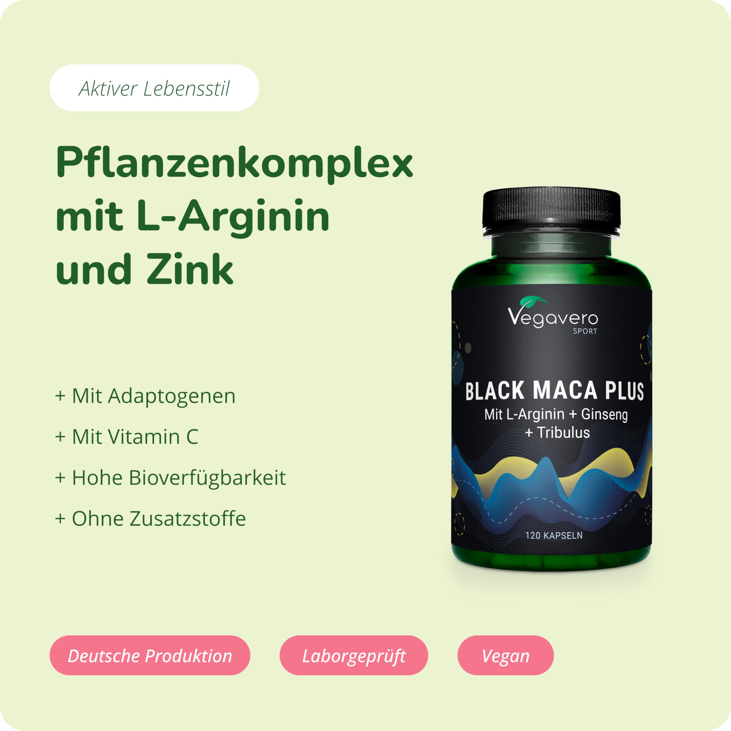 Black Maca 5000 mg + L-Arginin | Tribulus, Ginseng, Zink | hochdosiert: 10:1 Extrakt | Vegan & Ohne Zusätze | 120 Kapseln | Deutsche Produktion von Vegavero