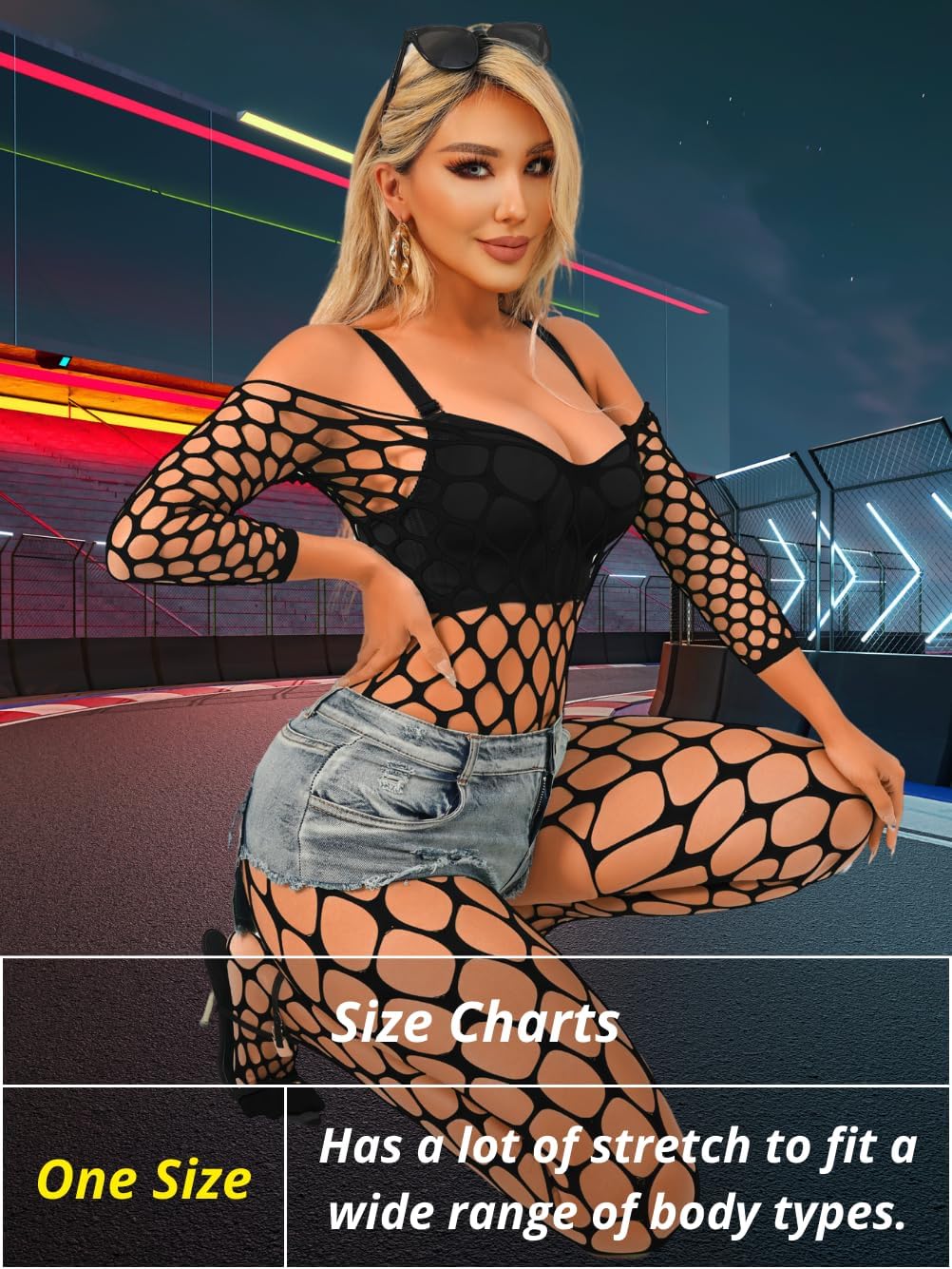 ChiaoLezhee Exotic Fishnet Bodystocking, Rave Glow Outfits, One Size, Sheer Mesh Dancewear Sexy Jumpsuit Plus Wear Dancer