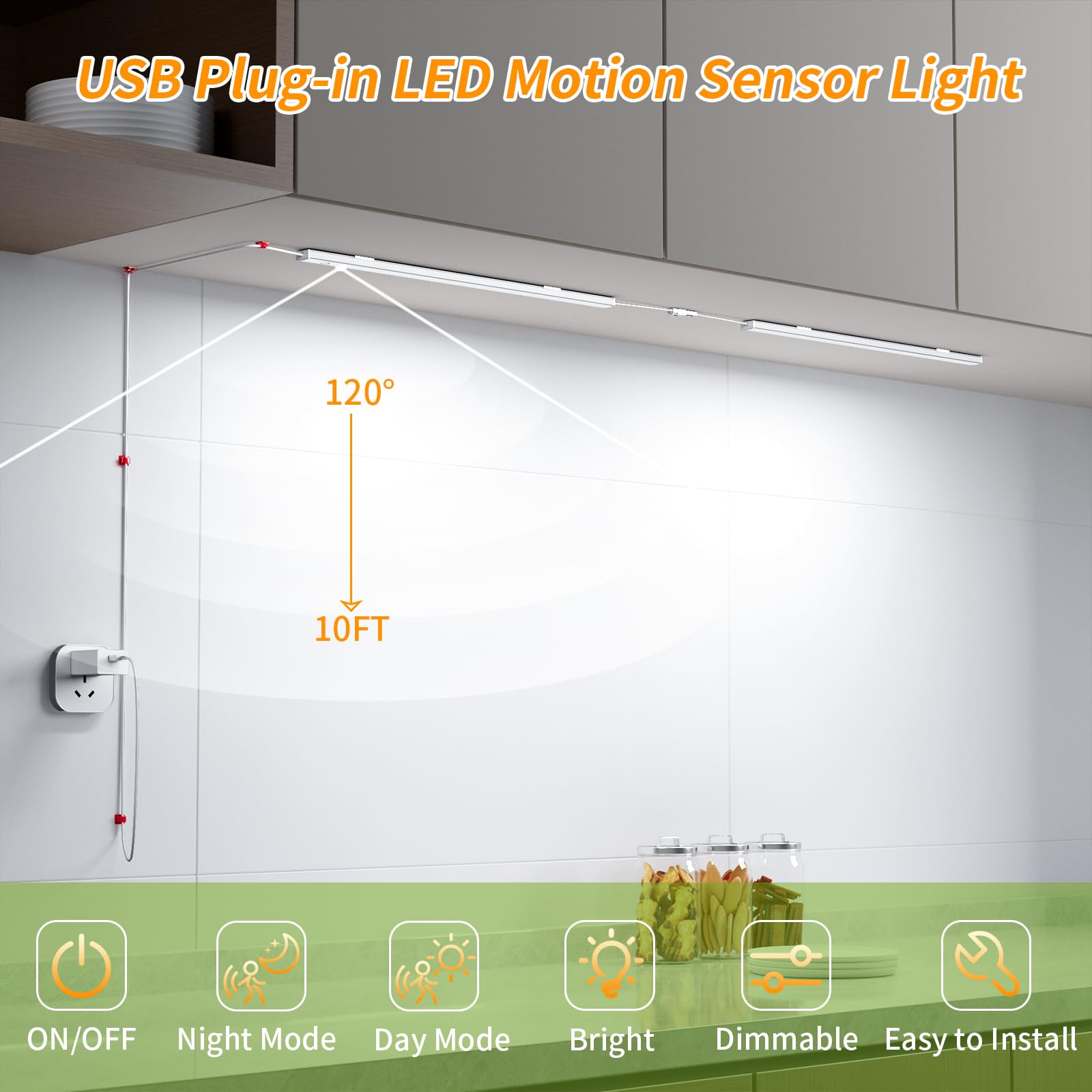 Luce LED con sensore di movimento da 35,6 cm, sottile, USB plug-in per interni, luminosa e dimmerabile, 3 modalità (on/notte/giorno) per cucina, armadio, armadio - 3000 K bianco caldo, 1