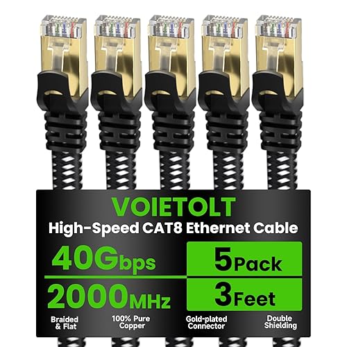 Miniatura 24 de Cable Ethernet Cat 8 de 20 pies plano, cable de Internet trenzado de alta velocidad de 40 Gbps 2000 MHz con RJ45 chapado en oro SSTP, cable LAN de