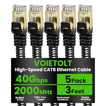 Cat 8 Ethernet Cable Flat 3 FT 5Pack, High Speed 40Gbps 2000Mhz Braided Internet Cable with Gold Plated RJ45 Network LAN Cable SSTP, Ethernet Cord Compatible for PS4/5, for Modems, PC/Laptop