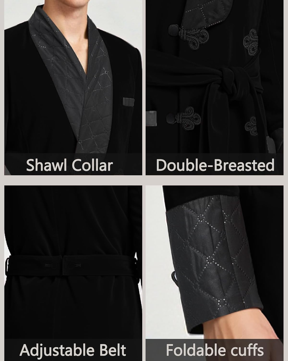 Men's Long Velvet Smoking Robe Double Breasted Jacket Blazer with Belt for Dinner Wedding Party - Image 3