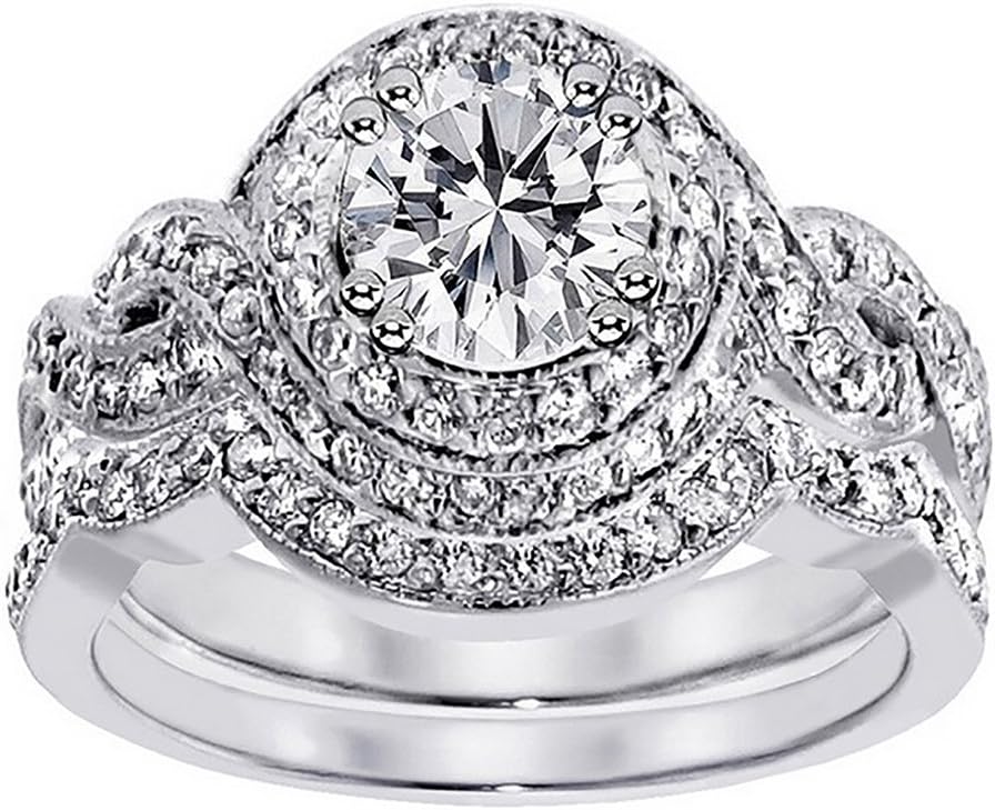Ginger Lyne Collection Bobbi Wedding Ring Set for Women Bridal Set Halo Engagement Ring with Matching Wedding Bands for Her | White Gold Plated Bridal Jewelry for Women