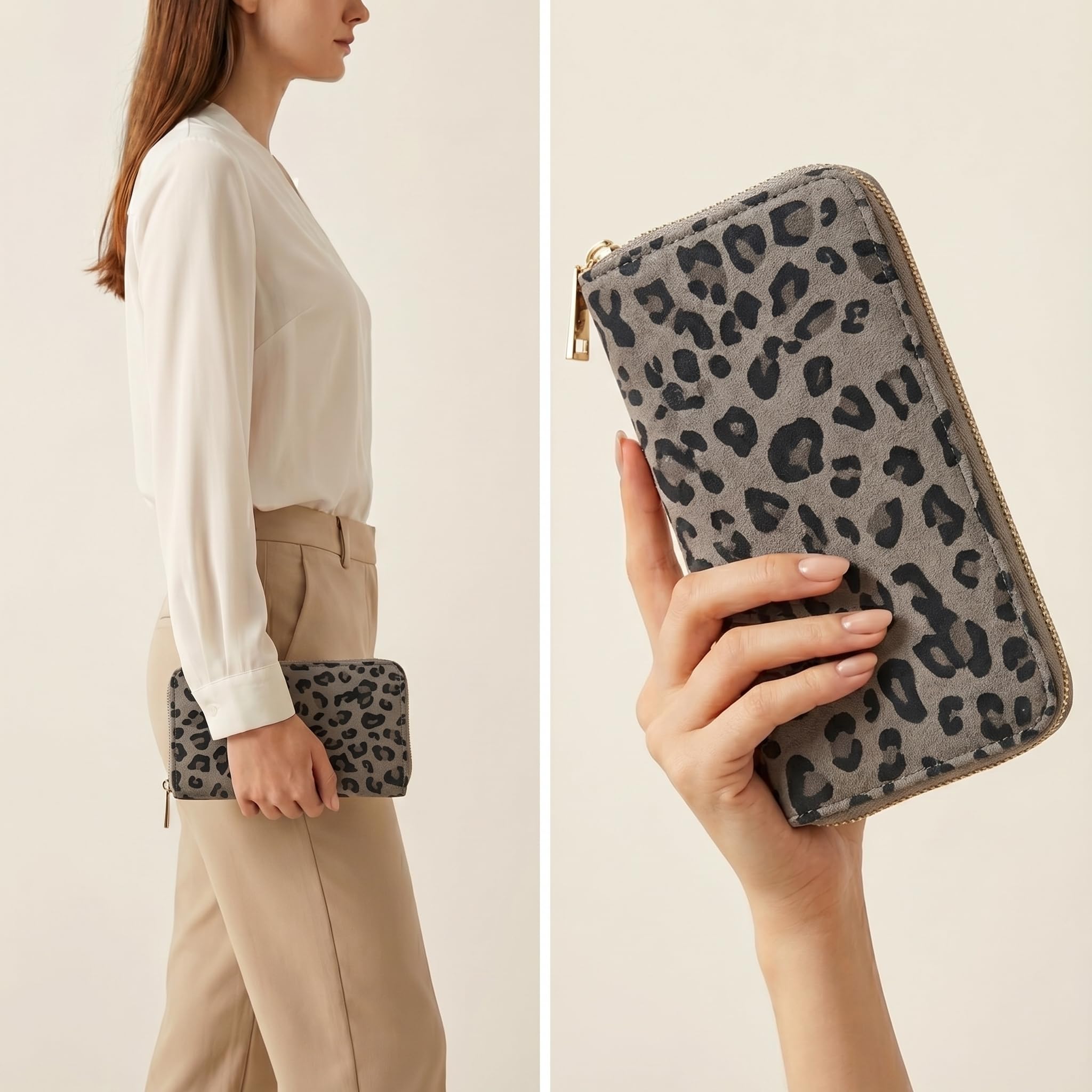 MillyMilk® Savana Large – Großer Leo Portemonnaie & Geldbeutel für Damen – Geräumige Geldbörse im Leopard Design in Wildlederoptik Animal Print – Stilvolle Clutch Wallet (Leo GRAU)