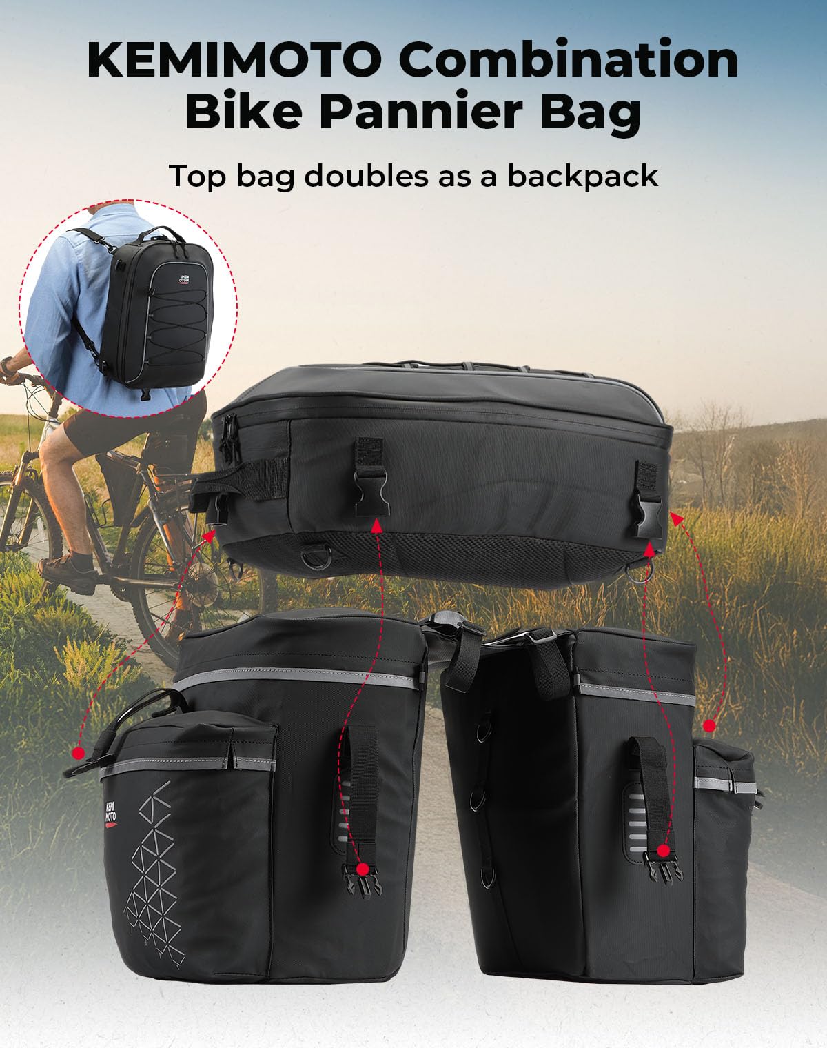 KEMIMOTO 3 IN 1 Gepäckträgertasche, Wasserdicht Fahrradtaschen für Gepäckträger, 52L Fahrradtaschen-Set mit Regenschutz, Multifunction Rucksack und Umhängetasche für e Bike MTB
