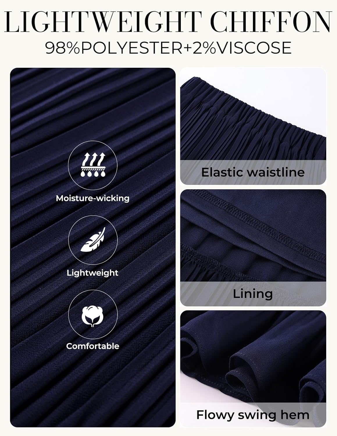 Kate Kasin 2026 Women's Chiffon Maxi Skirt, High Waist Pleated Skirts, Summer Flowy Long Skirts with Underskirt