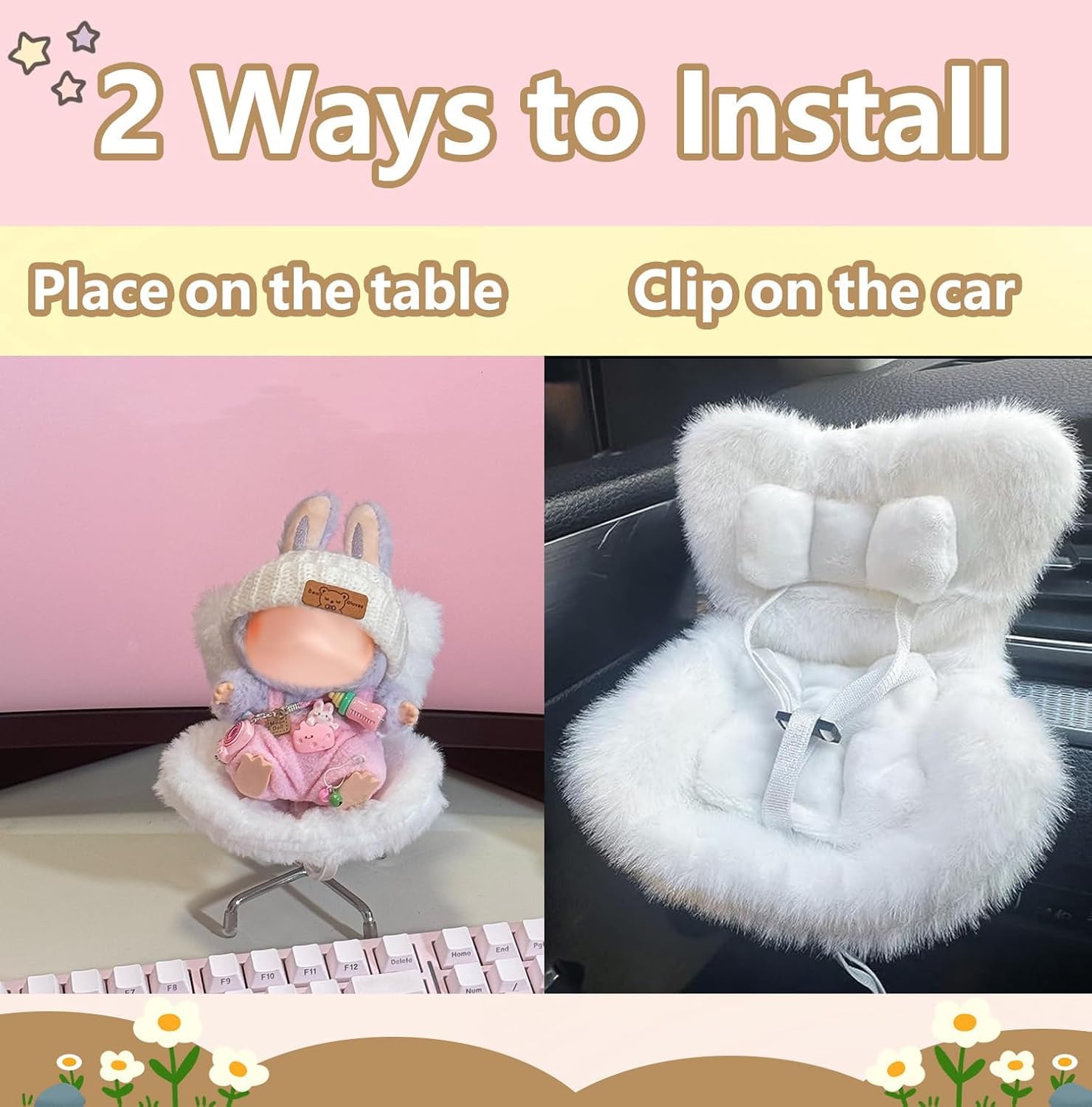 Asiento de automóvil para asiento de automóvil Labubu, clip de ventilación para sofá Labubu, cojín suave y peludo blanco con pata de asiento para pantalla de escritorio Labubu, decoración de automóvil