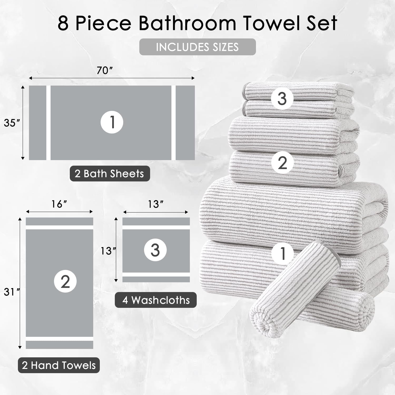 8-Piece Premium Towel Set for Bathroom|2 Oversized Large Bath Sheet,2 Hand Towels,4 Washcloths|Soft Cozy Highly Absorbent Fast Dry Microfiber Shower Towel Set for Hotel Bathroom Essentials,Beige White