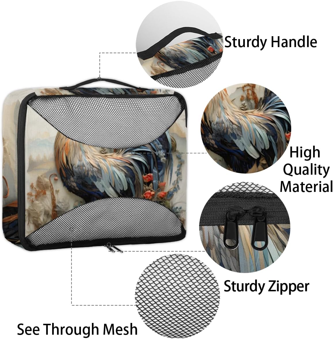 Retro Chicken Pattern 4 Set Packing Cubes Packing Cubes for Women Lightweight Travel Essential Bag Clothes Carry on Suitcase Bags for Accessories Essentials