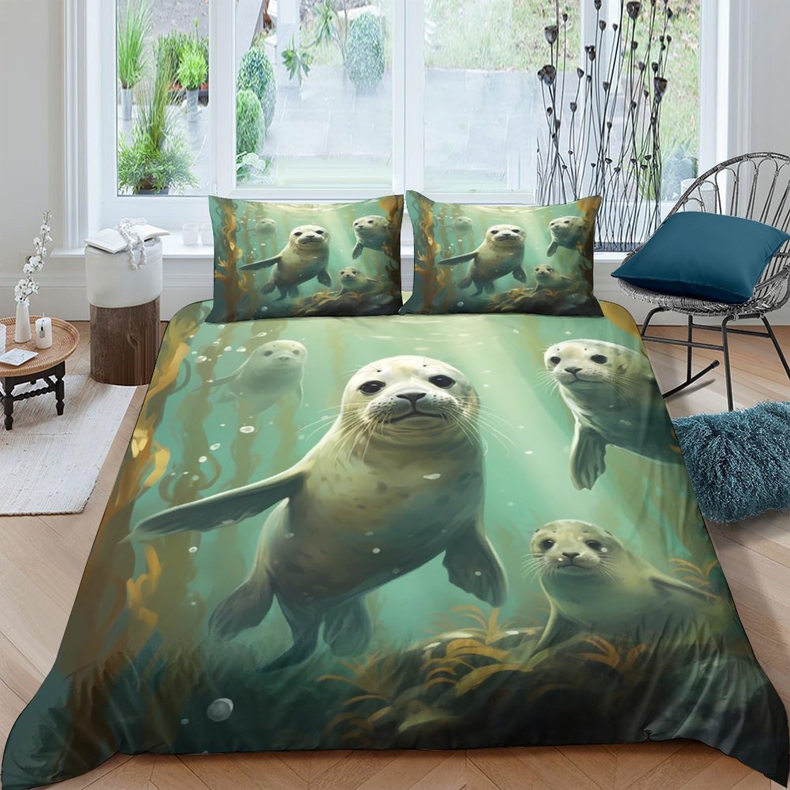 Ctjqhvkz Style-7 3D Printed Ocean Seal Fitted Sheet Microfiber Soft Breathable Underwater Scene Mattress Cover For Bedroom Decor Single（135X200cm）