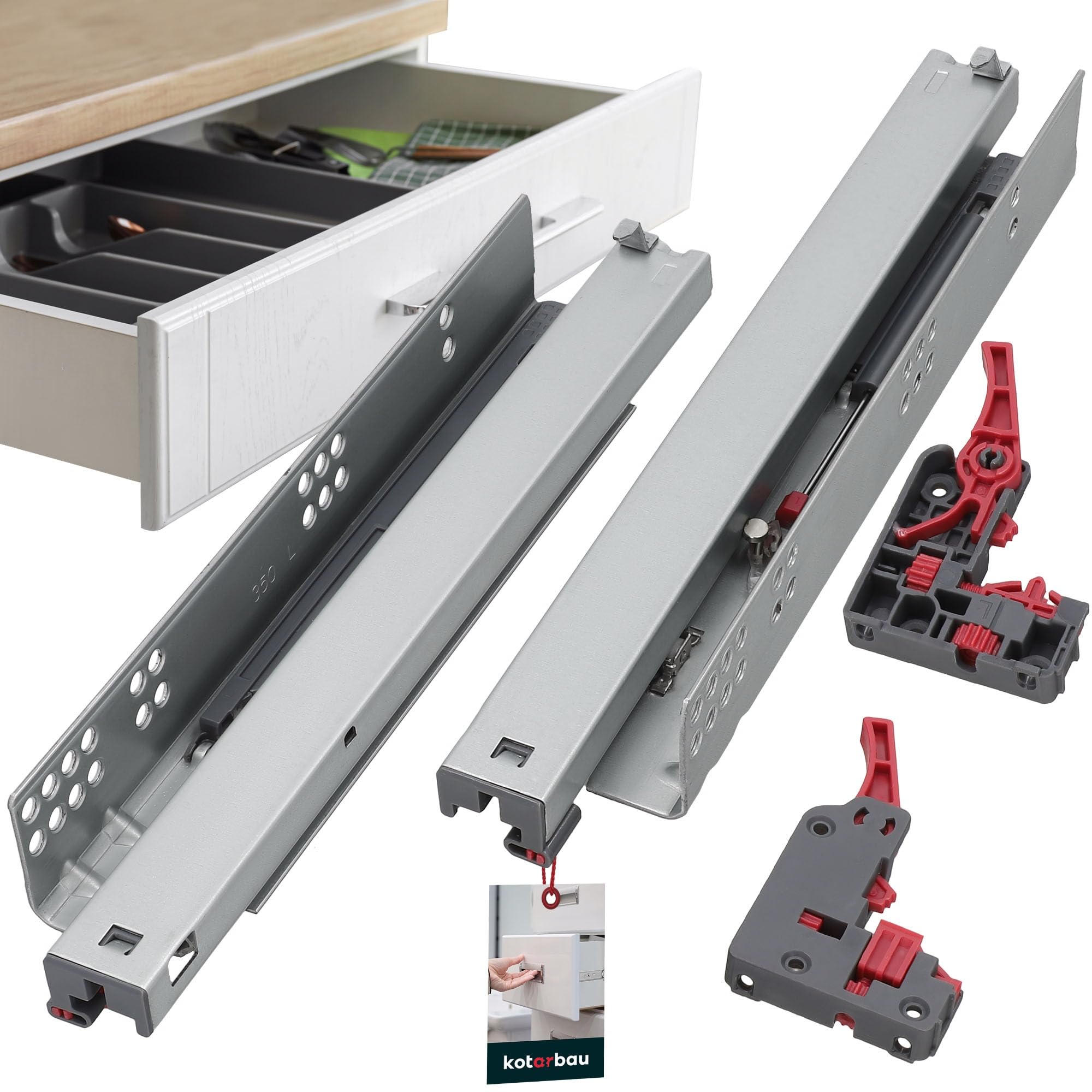 KOTARBAU® 1 par (2 unidades) rieles 3D para cajón de montaje en suelo, extensión completa, 350 mm, cierre suave, de acero, extensión completa, guías telescópicas, montaje en el suelo, extensión