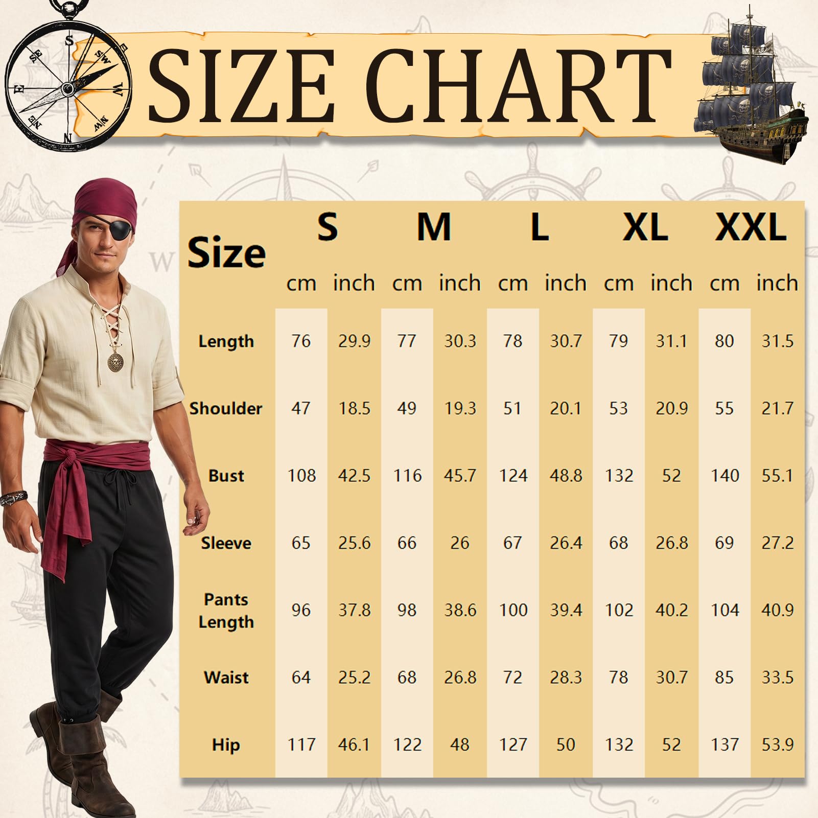 7-teiliges Piratenkostüm, Halloween-Kostüm, Herren, Piratenkostüm, Erwachsenen-Kostüm, Halloween-Kostüme für Karneval, Cosplay-Partys