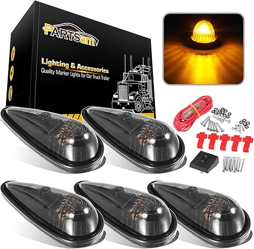 Partsam 5 luces delanteras y traseras de humo para cabina de lágrima, 9 LED, luz de marcador de cabina ámbar, luz superior de techo con paquete de