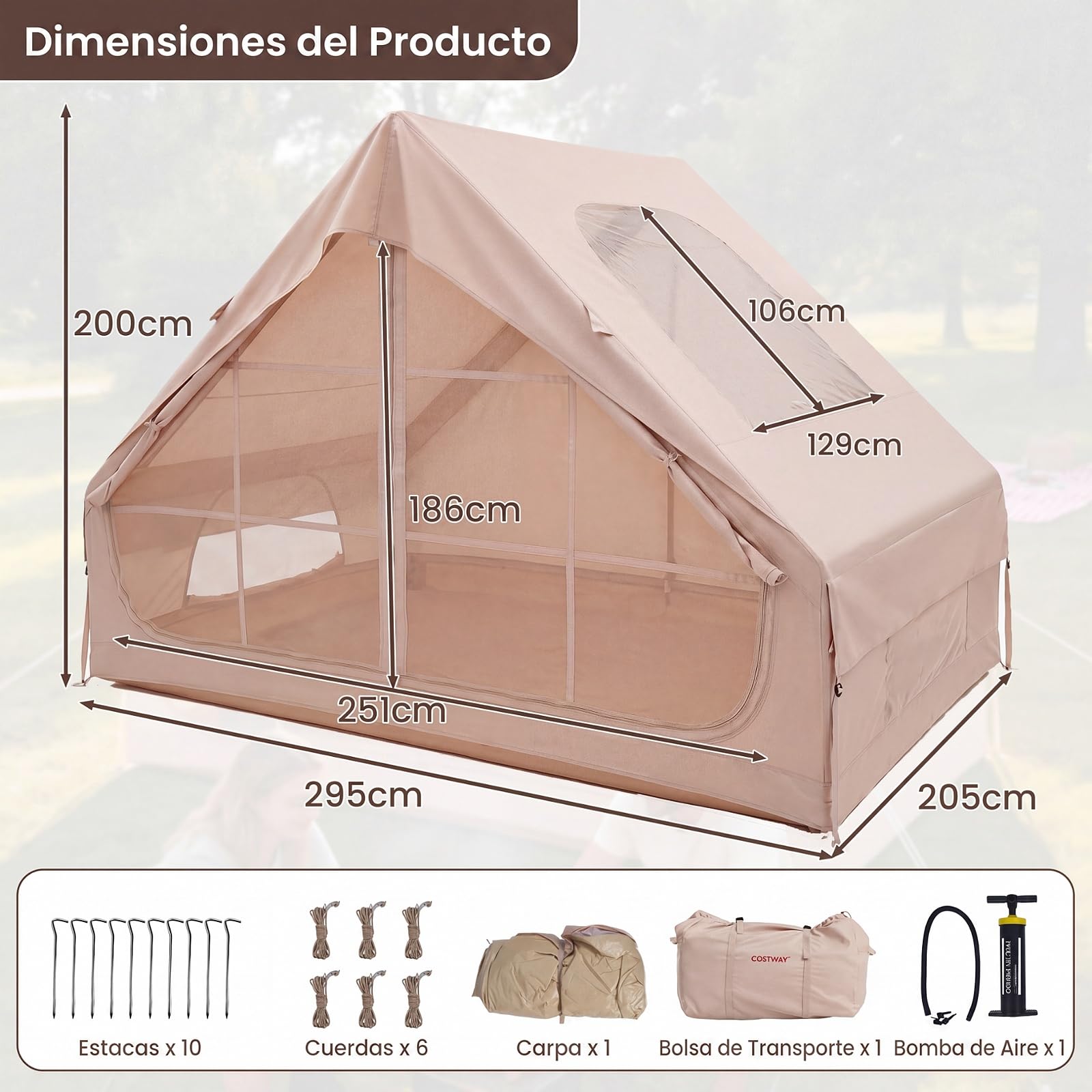 COSTWAY Tienda de Campaña Inflable con Claraboya, Tienda Glamping Familiar para 4 Personas con Puertas, Ventanas de Malla, Bomba de Aire, Bolsa de Transporte, Carpa Camping Exterior para 4 Estaciones