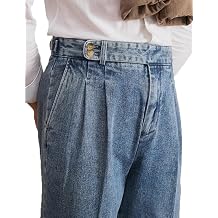 Retro Mens High Rise Flat Front Jeans Trapped Pleated Gurkha Trousers Italy Style