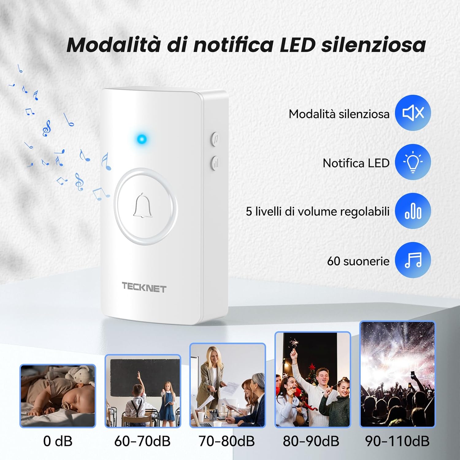 Doorbell receiver showing silent mode, LED notification, volume levels, and 60 chimes