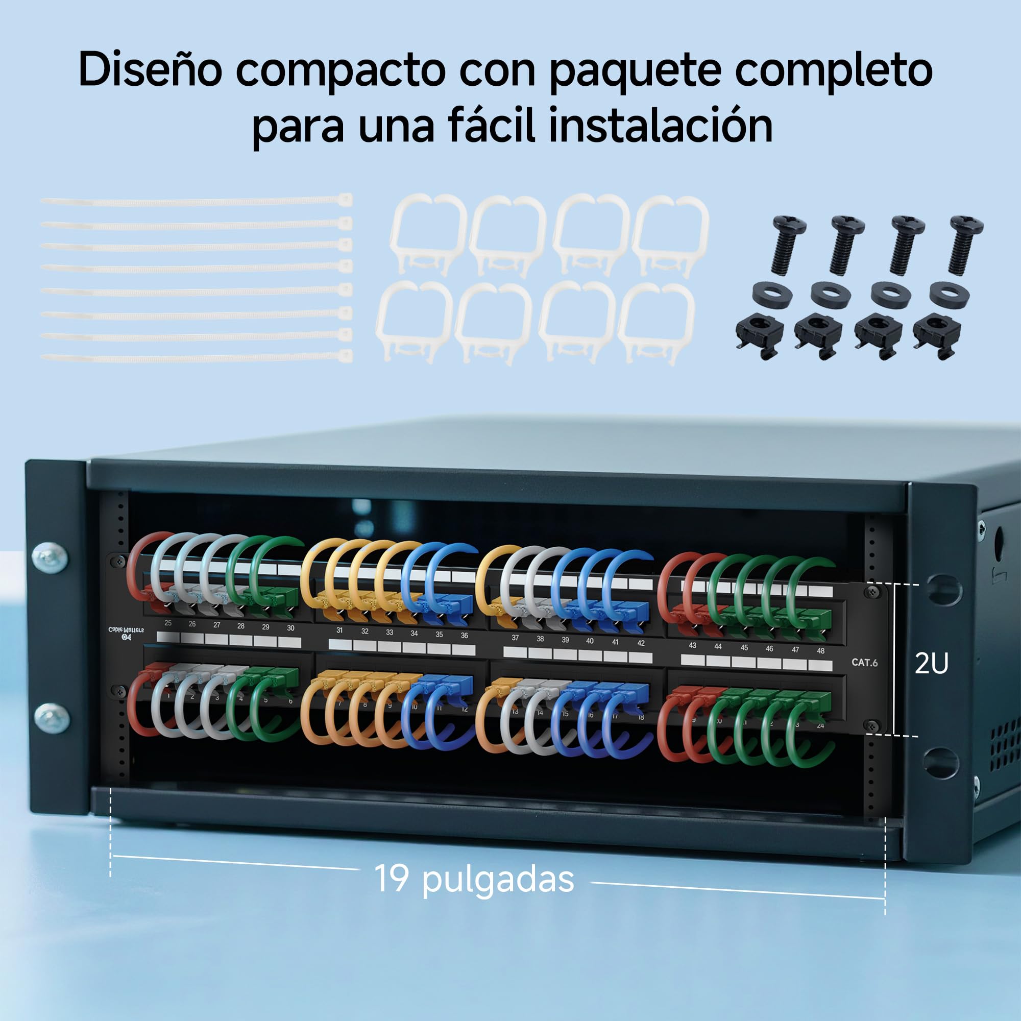 Cable Matters Panel de conexión de red de 48 puertos para montaje en bastidor o en pared 2U de 19 pulgadas para conmutador de red Gigabit, compatible con herramientas de impacto 110 o Krone