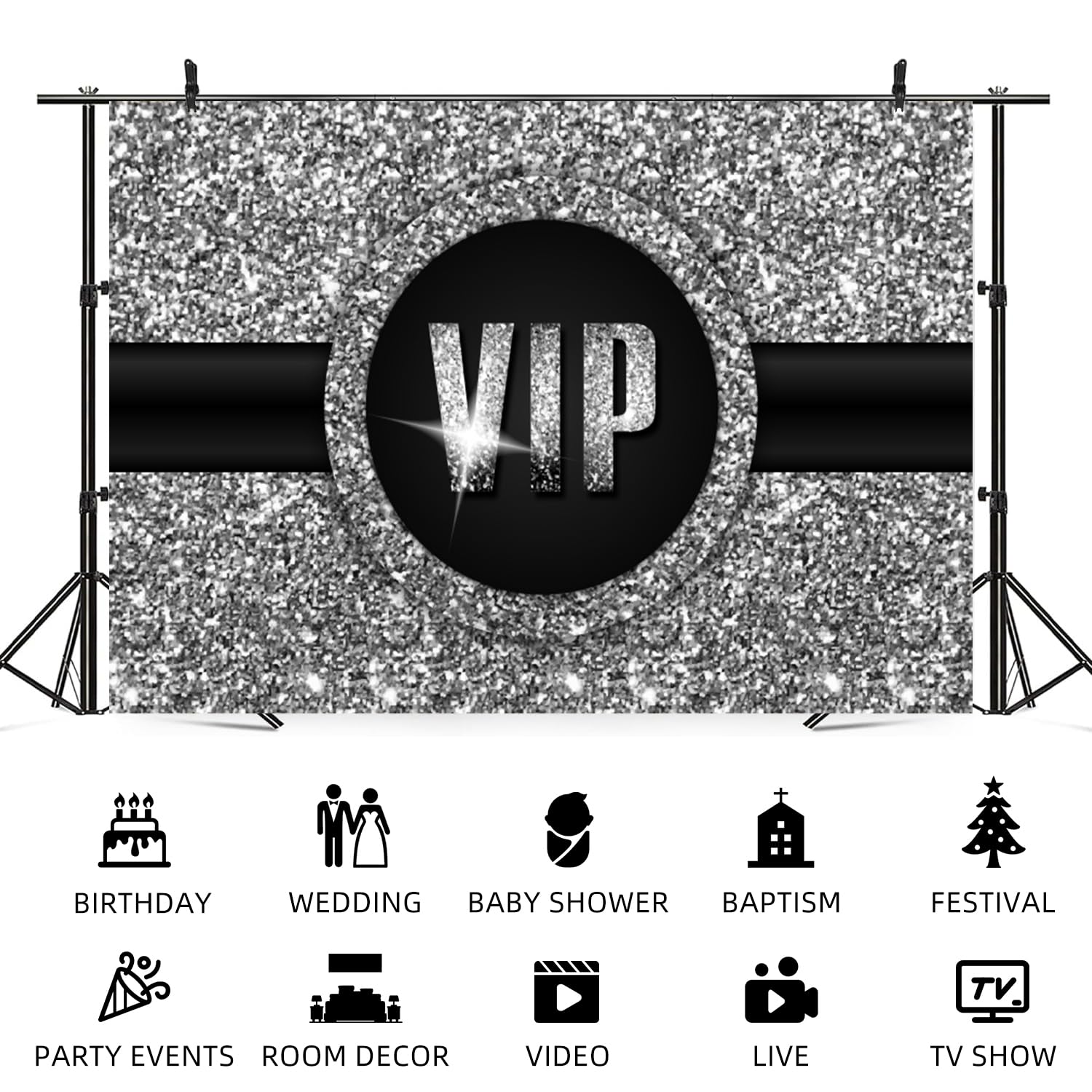12x10ft VIP Sfondo Glitter Red Carpet Event Fotografia Sfondo Nero Argento Special Guest Film Show Musica Festa Banner Decorazioni Baby Shower Bambini Compleanno Feste Photo Booth Prop