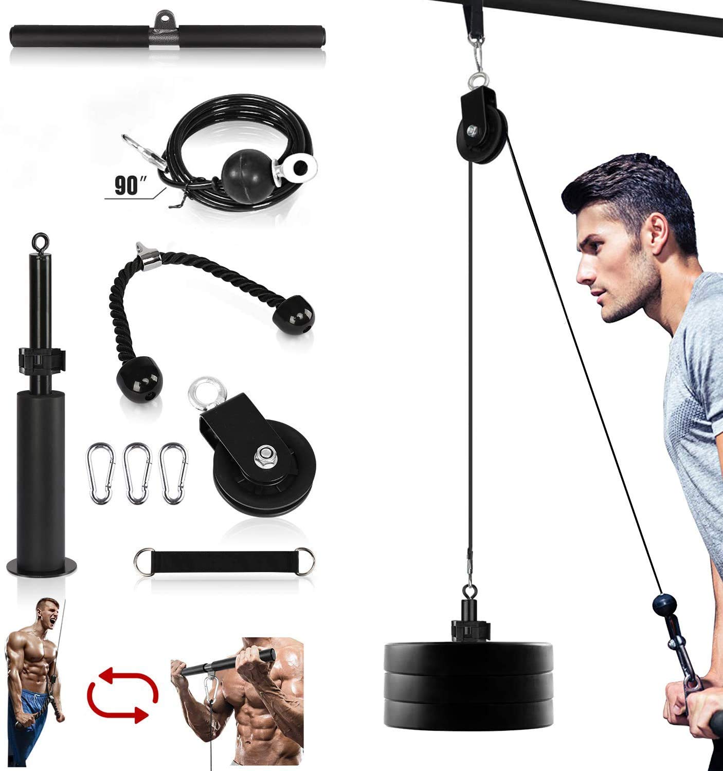 DNC Pulley System Gym, Upgraded Pulley Cable Machine Attachment Farm Strength Training Weight Triceps Rope with Loading pin Cable Machine Attachment for Home Gym Equipment