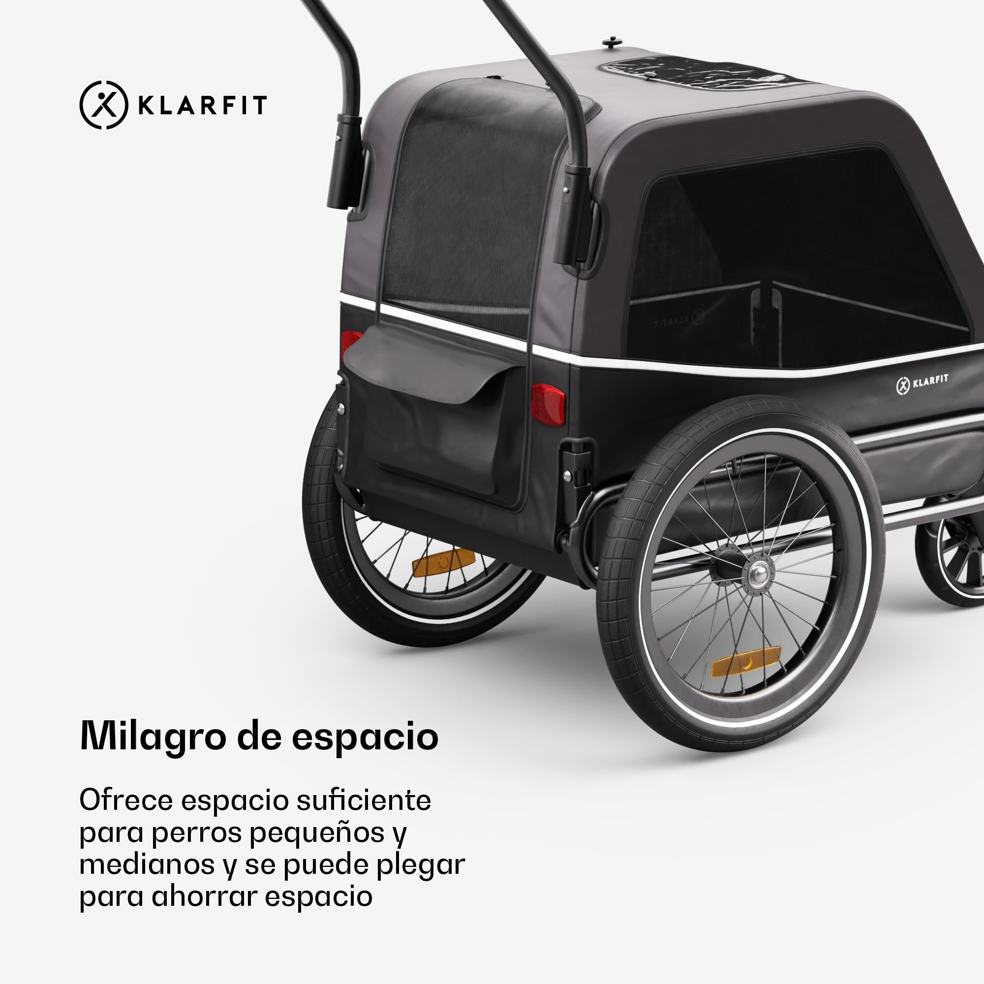 Klarfit Goldie S Remolque Bicicleta Perro, Carro Bici Plegable con Correa Integrada, Poliester Impermeable, Doble Fijación, Reflectores & Cubierta para Lluvia, Carga Máx 45kg, Gris Oscuro
