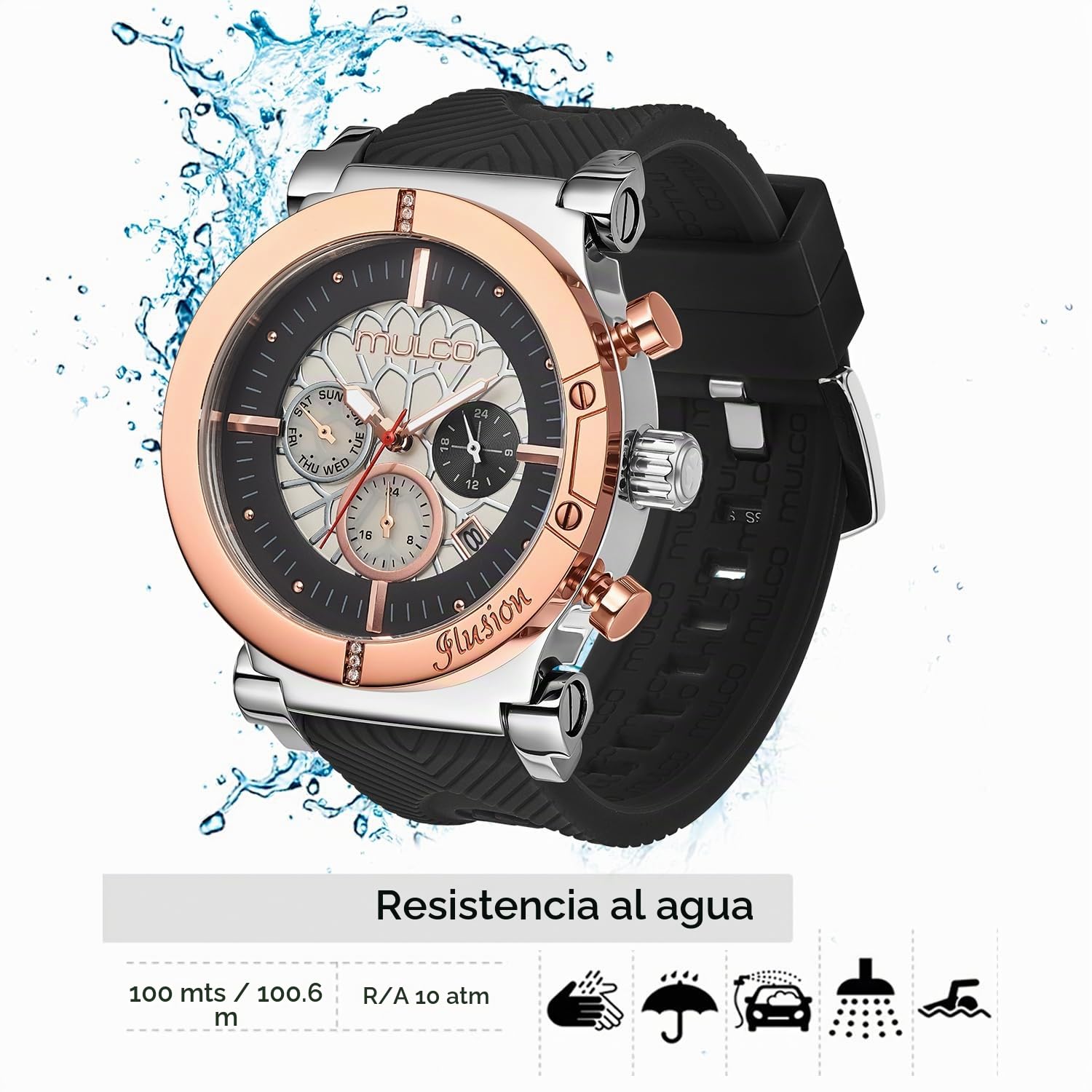MULCO Dream Catcher - Reloj de mujer - Caja de acero inoxidable de 46 mm, movimiento analógico de cuarzo Miyota JP25, resistente al agua hasta 10 ATM, correa de silicona, multifunción, batería SR621SW