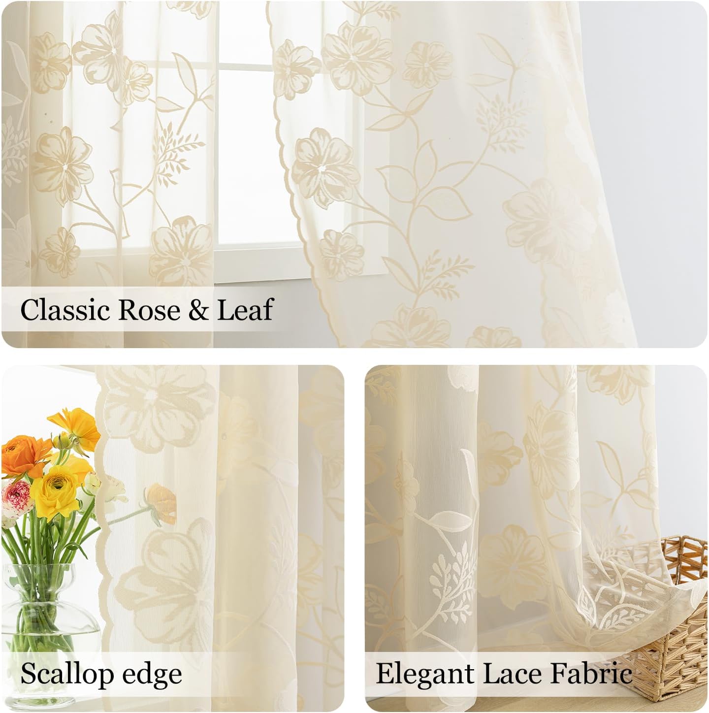 Ivory Sheer Lace Curtains for Bedroom Living Room Studio 84inch Long Vintage Rose Floral Embroidered Semi Sheer Curtain Panels Privacy Leaf Sheer Drapes with Scalloped Edge Beige, 54"w 2pcs 7ft