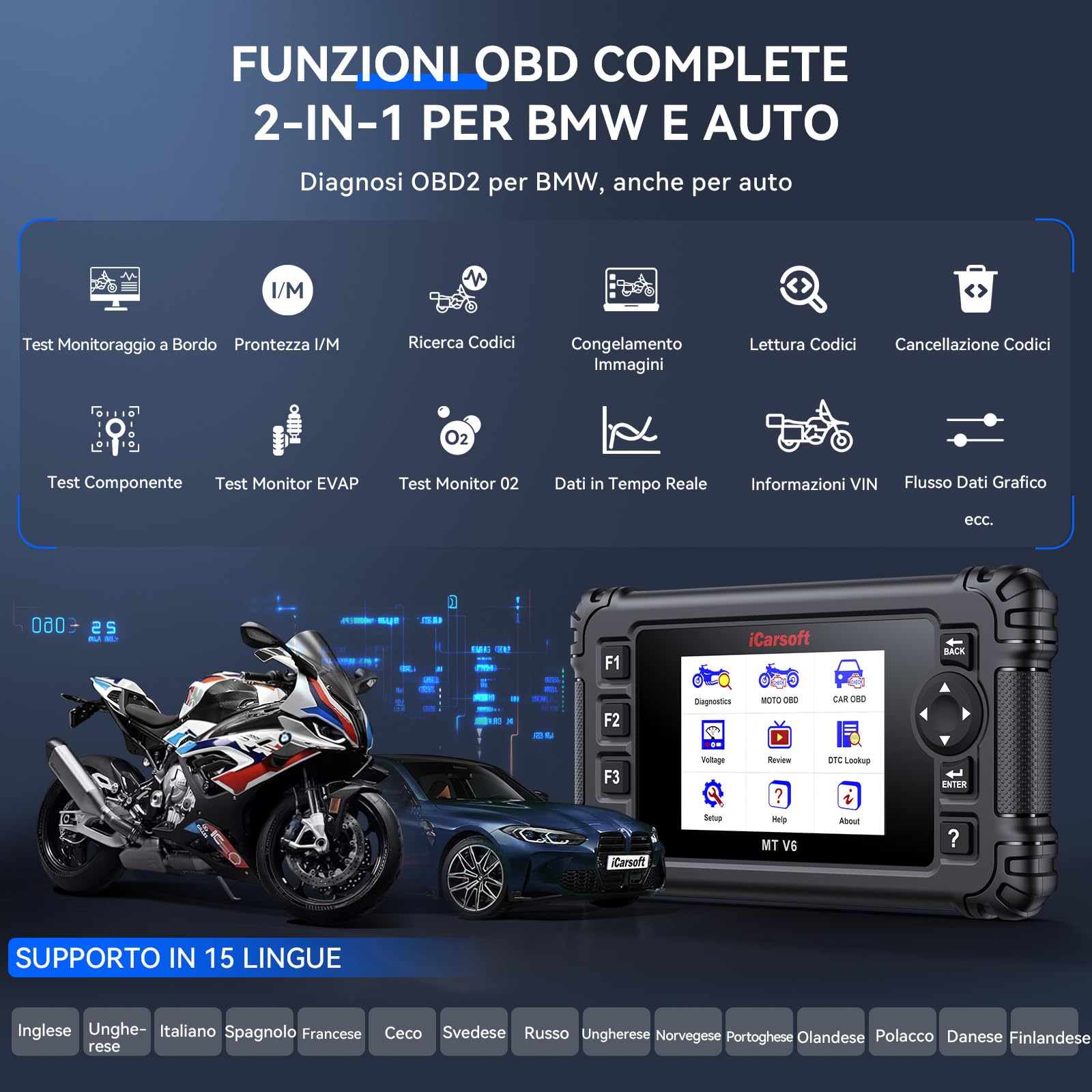 iCarsoft MT V6 per BM.W Moto, Strumento Diagnostico Bidirezionale, OBDII Lettore di Codice Tutti i Sistemi con 115+ Funzioni di Ripristino, Strumento di Scansione per Moto, Test Salute Batteria