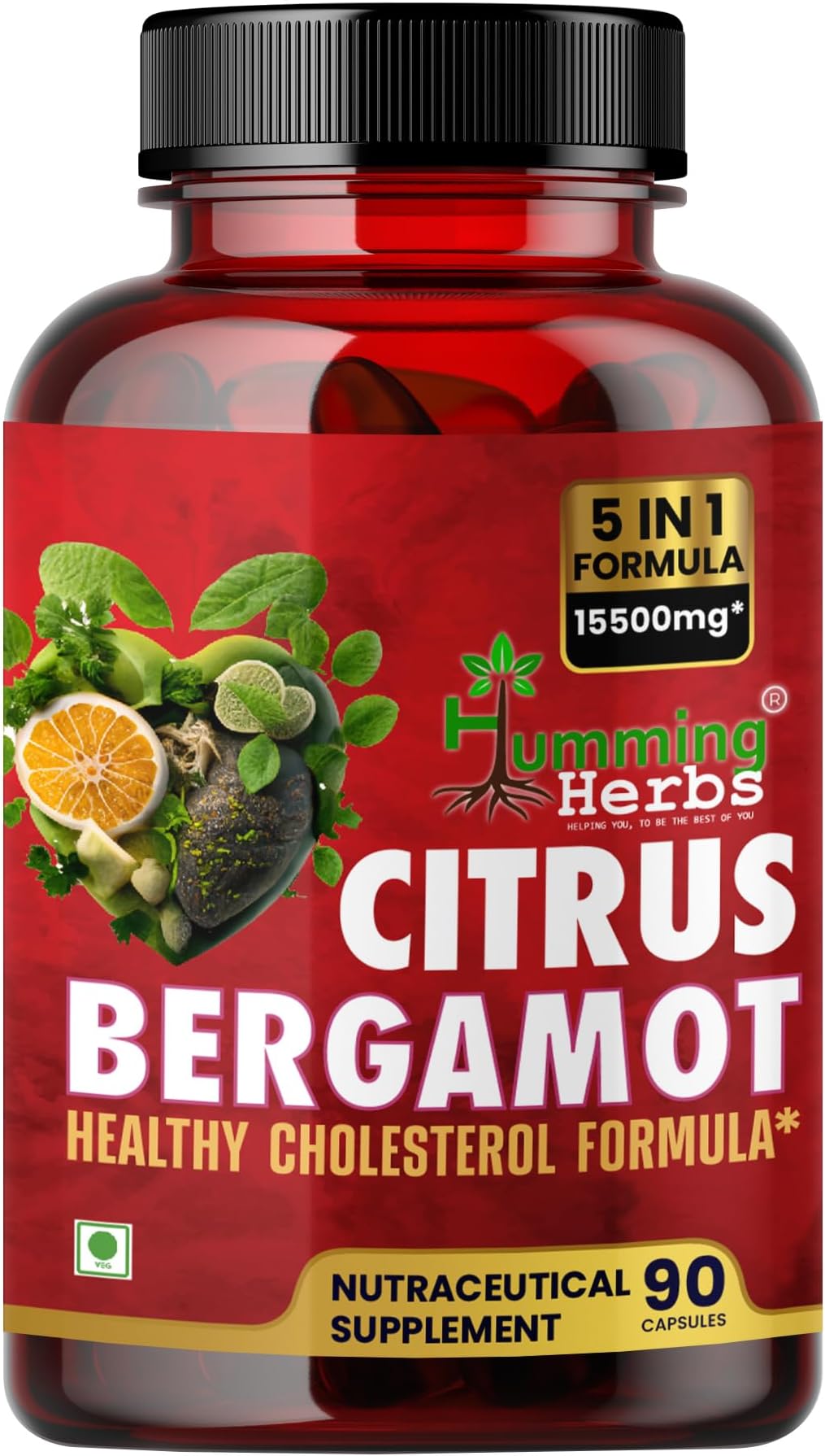 Humming Herbs Citrus Bergamot 15500mg - High Potency Cholesterol Support Supplement with Black Choke Berry, Niacin, Olive Leaf & Black Pepper Extract, Heart Health, Antioxidant, Vegan, 90 Capsules