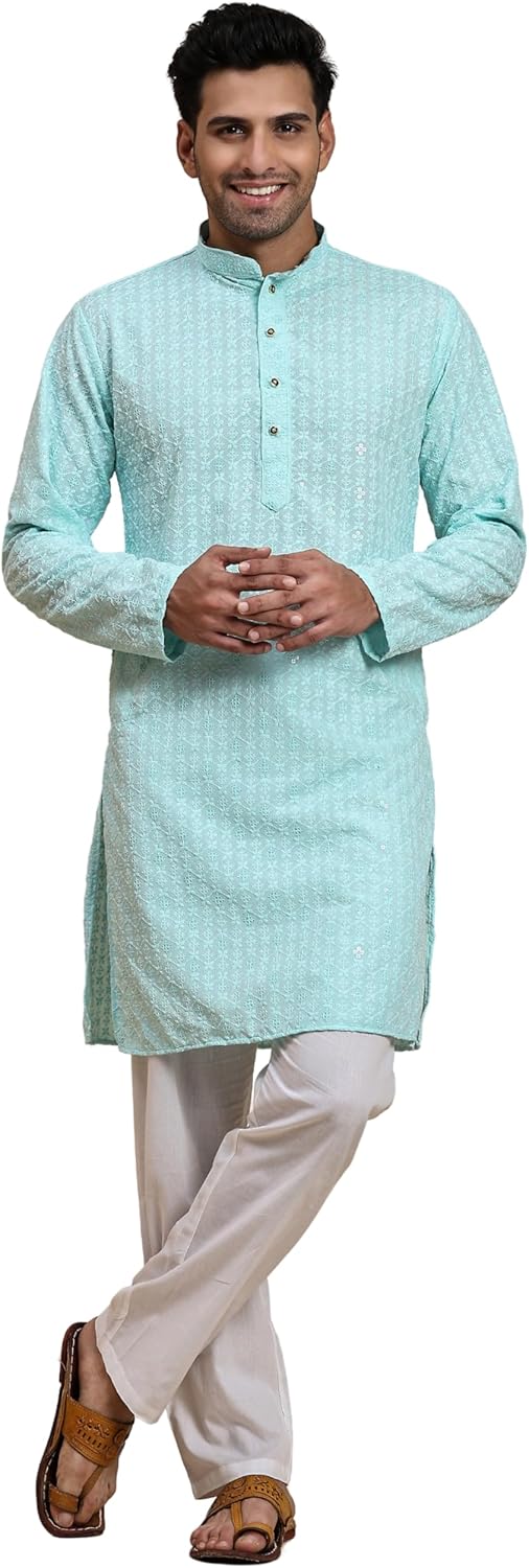 Pro-Ethic Style Developer Mens Indian Traditional Cotton Kurta Sets, Men Kurta Set Indian Wedding Dress (A-117) Small Turquoise