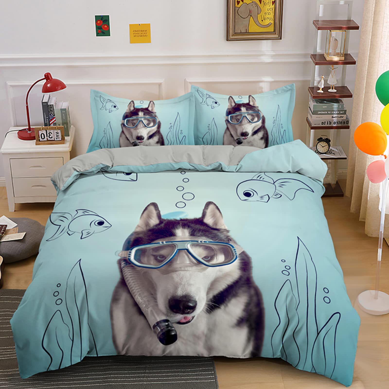 Housse de couette 140x200 chien bleu avec 2 taies d'oreiller 65x65 cm pour lit enfant