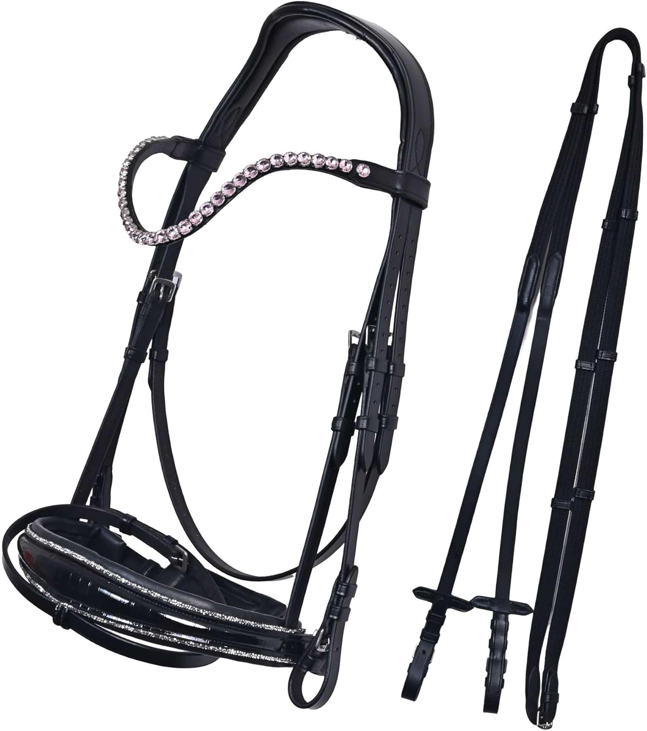 Western Leather Bitless Snaffle Bridle for Horses English Jumping Bridle with Browband,Removable Noseband, Rubber Reins, Headstall Equestrian Sports Accessories in Various Size Color Pattern