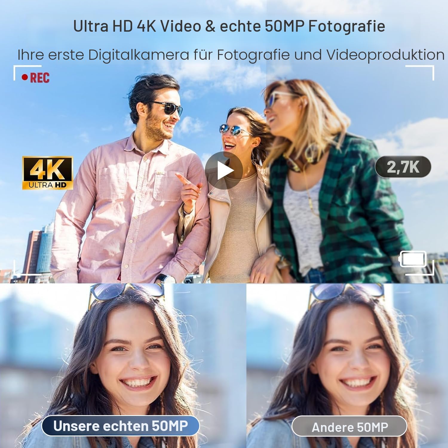 Digitalkamera, Verbesserte UHD 4K 50MP Kamera Fotoappara, 16X Digitalzoom, AF-Fokus, 2,83-Zoll-Bildschirm, Aroßer Akku, Retro Tragbare Vlog Kamera für Kinder Student Anfänger (Rosa)