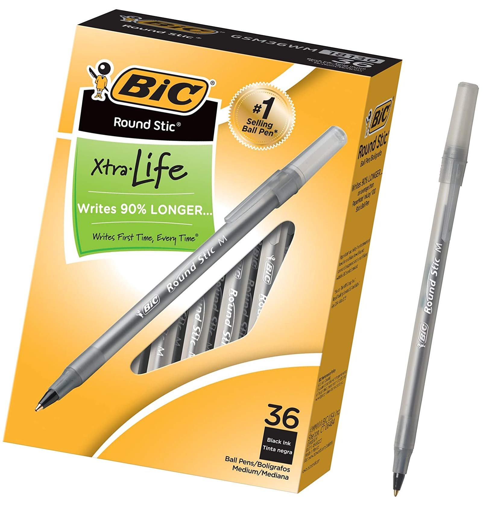 BIC Round Stic Xtra Life Ballpoint Pen, Medium Point (1.0mm), Black, 36-Ct - 1 Pack