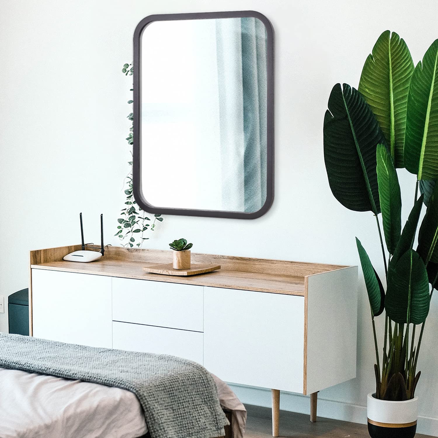 JJUUYOU Specchio Da Parete Rettangolare 65x45 Cm - Cornice In Legno Rustico - Decorazione Per Bagno, Camera Da Letto, Soggiorno - 2