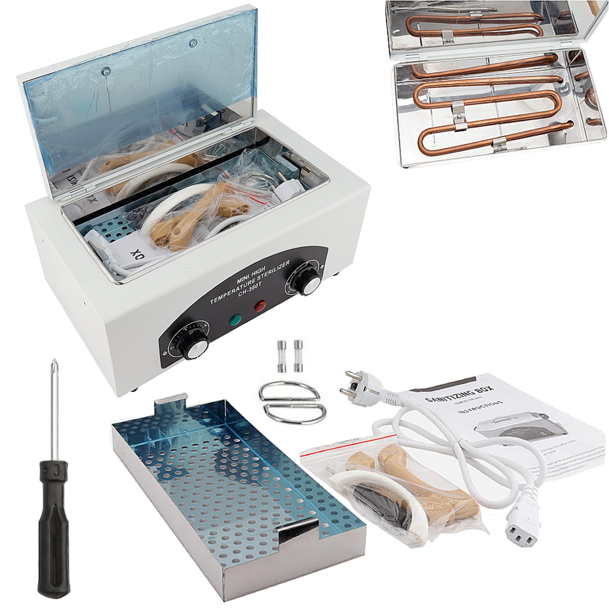 Caja de limpieza de herramientas de metal de alta temperatura, 50.0 °C a 220.0 °C, gabinete de limpieza de calor seco de 2 litros con temporizador de bandeja de acero inoxidable y mango para