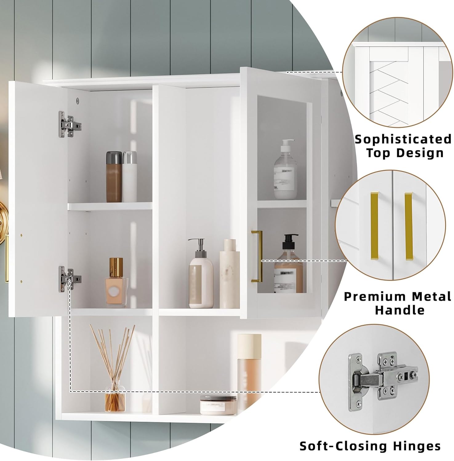 35 inch Wall Mounted Medicine Cabinet with Adjustable Shelves & Soft Close Doors, High-Define Mirror with Storage for Bathroom Vanity