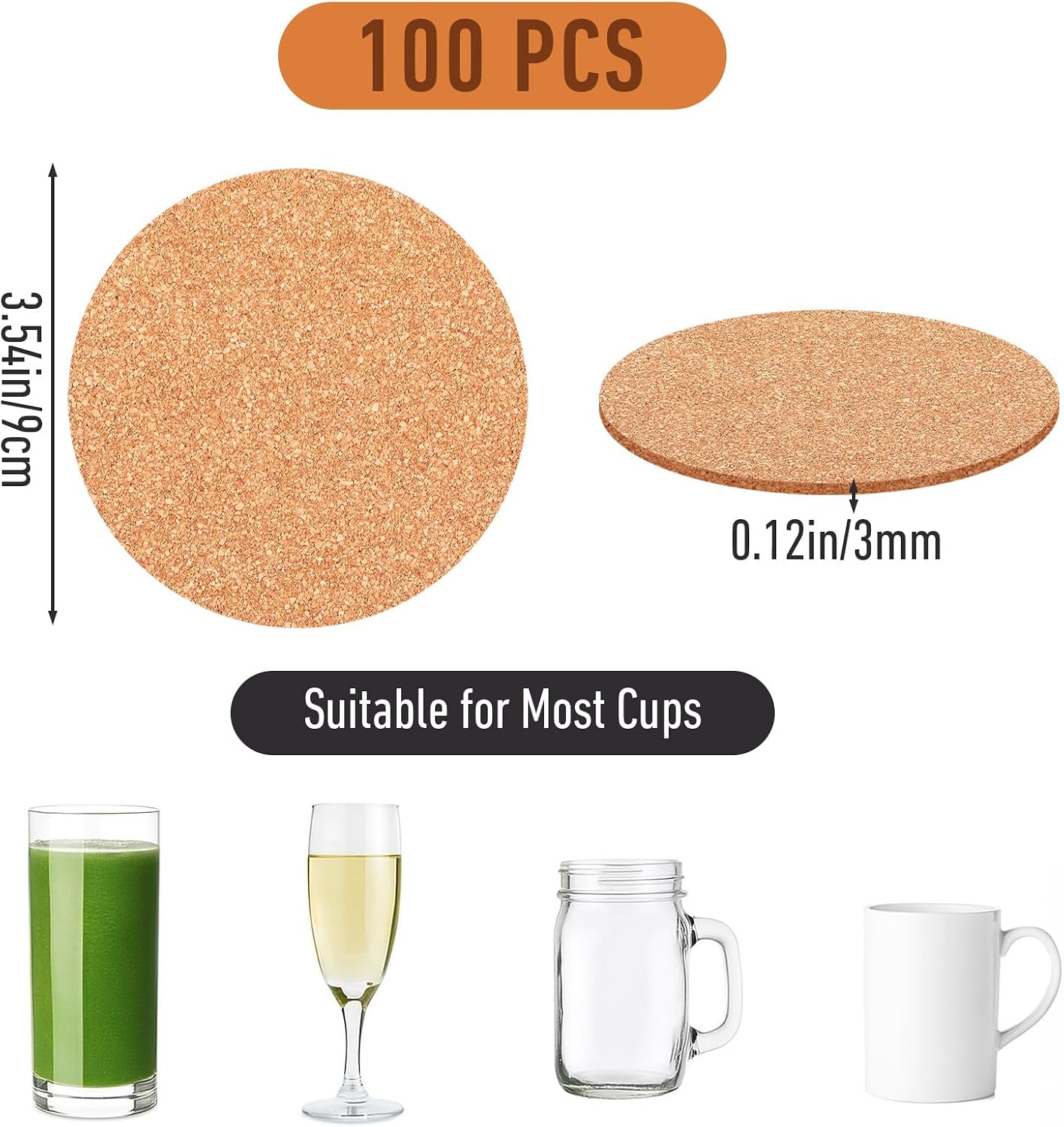 100 Pack Cork Coasters for Drinks, Absorbent Blank Saucers Blank Round for Laser Engraving, Hot Mug Safe & Non-Slip Surface Bulk DIY Coasters for Wedding, Coffee Bar, Home Decor for DIY, 90mm x 3mm