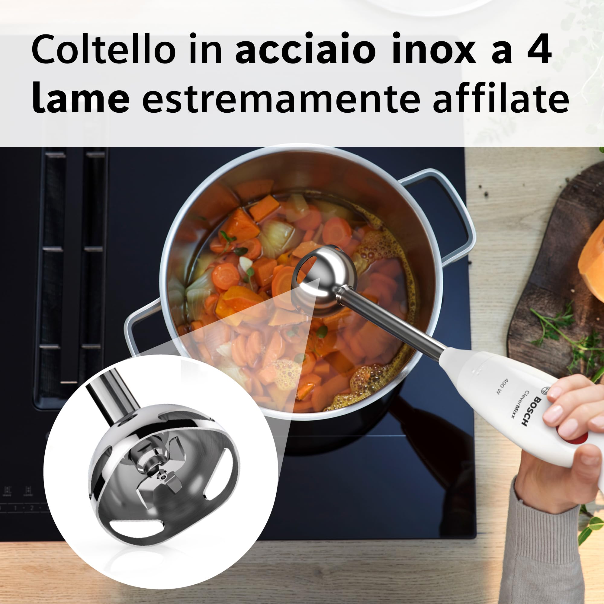 Bosch Frullatore a Immersione MSM24100, 400 Watt, Impugnatura Ergonomica, Piede in Acciaio Inox, Pratico Bicchiere Graduato Incluso, Bianco, Rosso