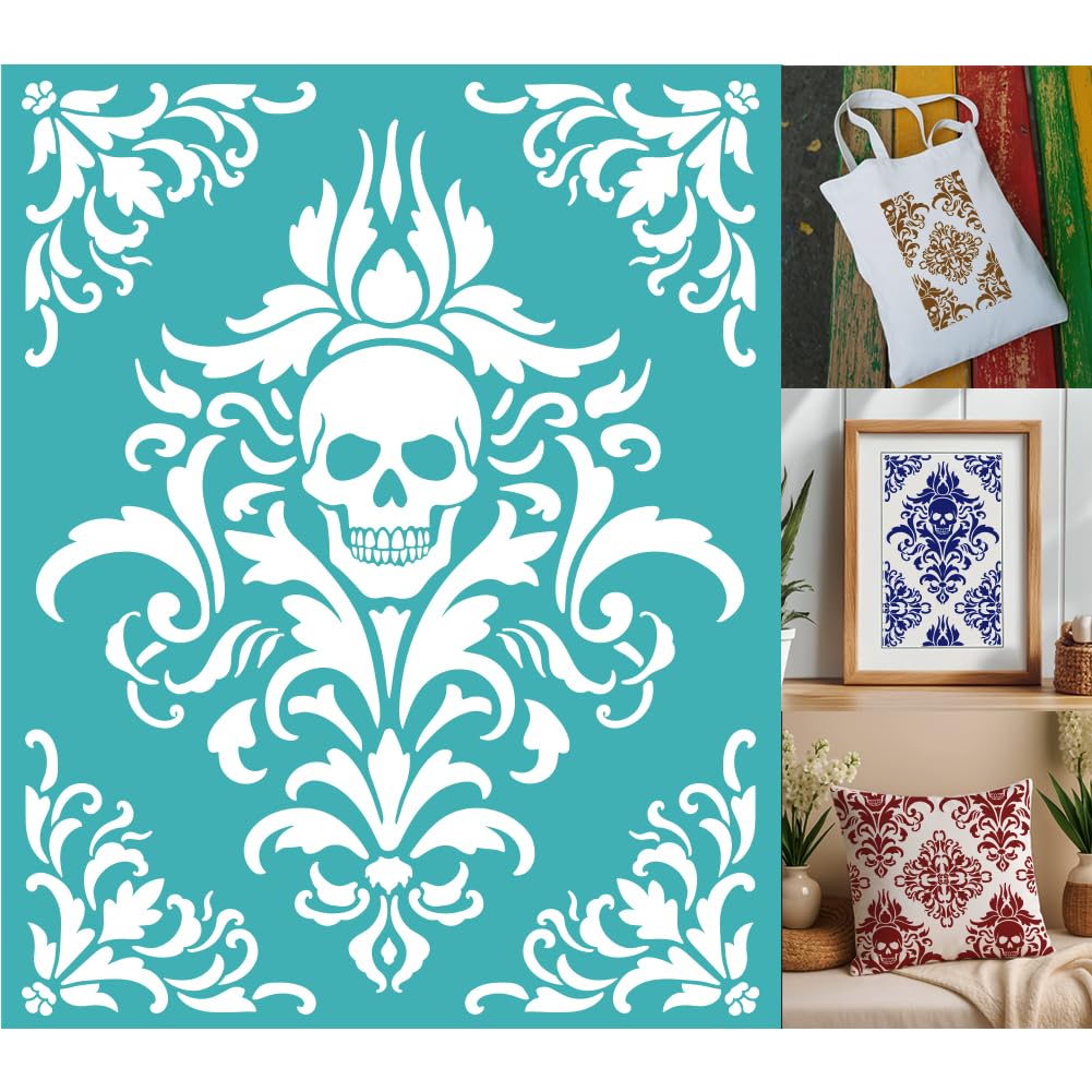 GOMAKERER 2 Sheets Silkscreen Stencil, Skull with Snake Roses Printing Stencils Templates Reusable Self-Adhesive Silk Screen for Painting on Wood, Home Craft Halloween Decor (8.7x11Inch)