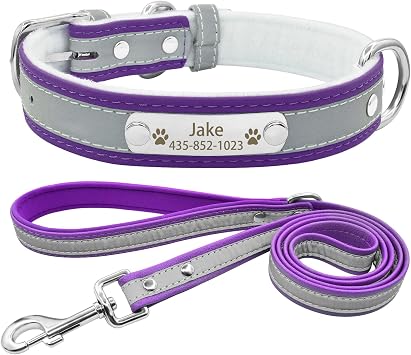 Personalized Reflective Dog Collar and Leash Set,Custom Leather Dog Collar with Name Plate, Engraved Dog Collars with Warm Lining for Small Medium Large Dogs & Cats, Purple Set