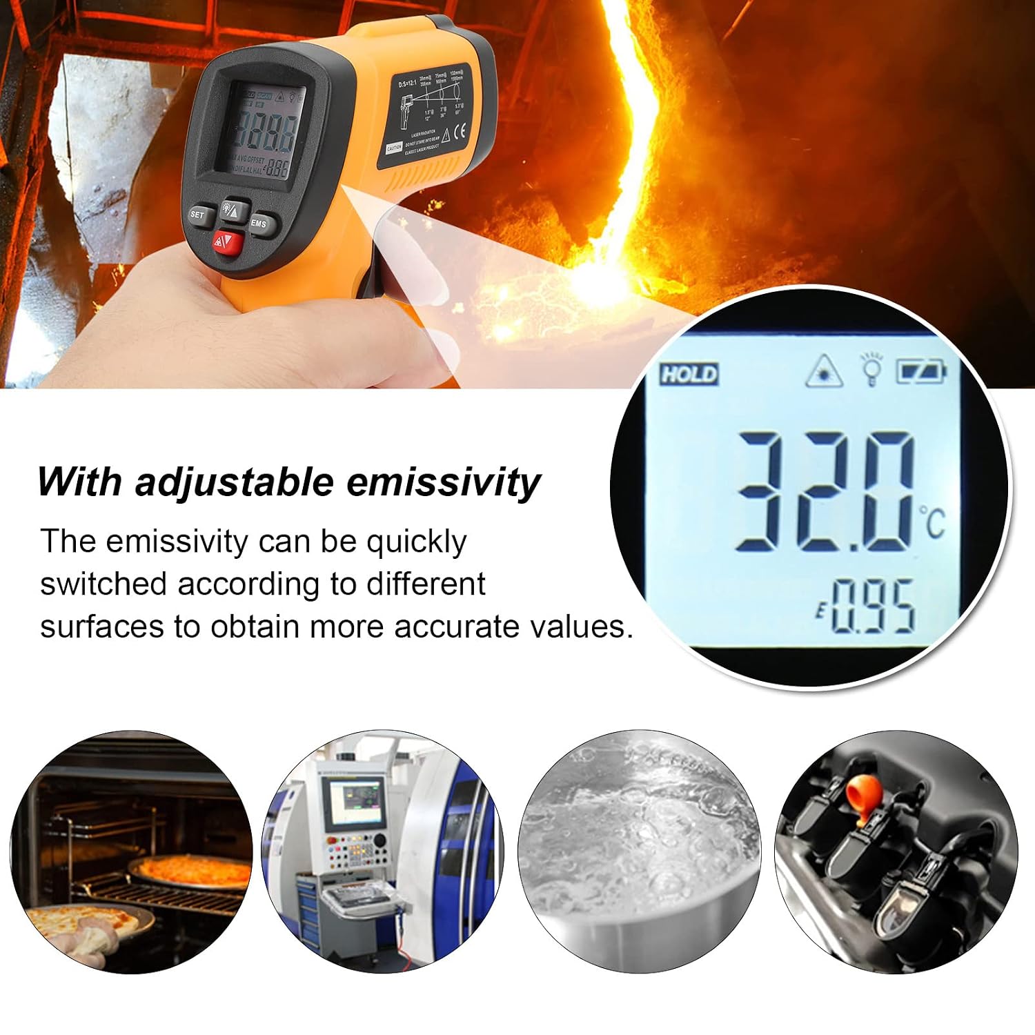 Walfront Infrared Thermometer display showing adjustable emissivity and various applications