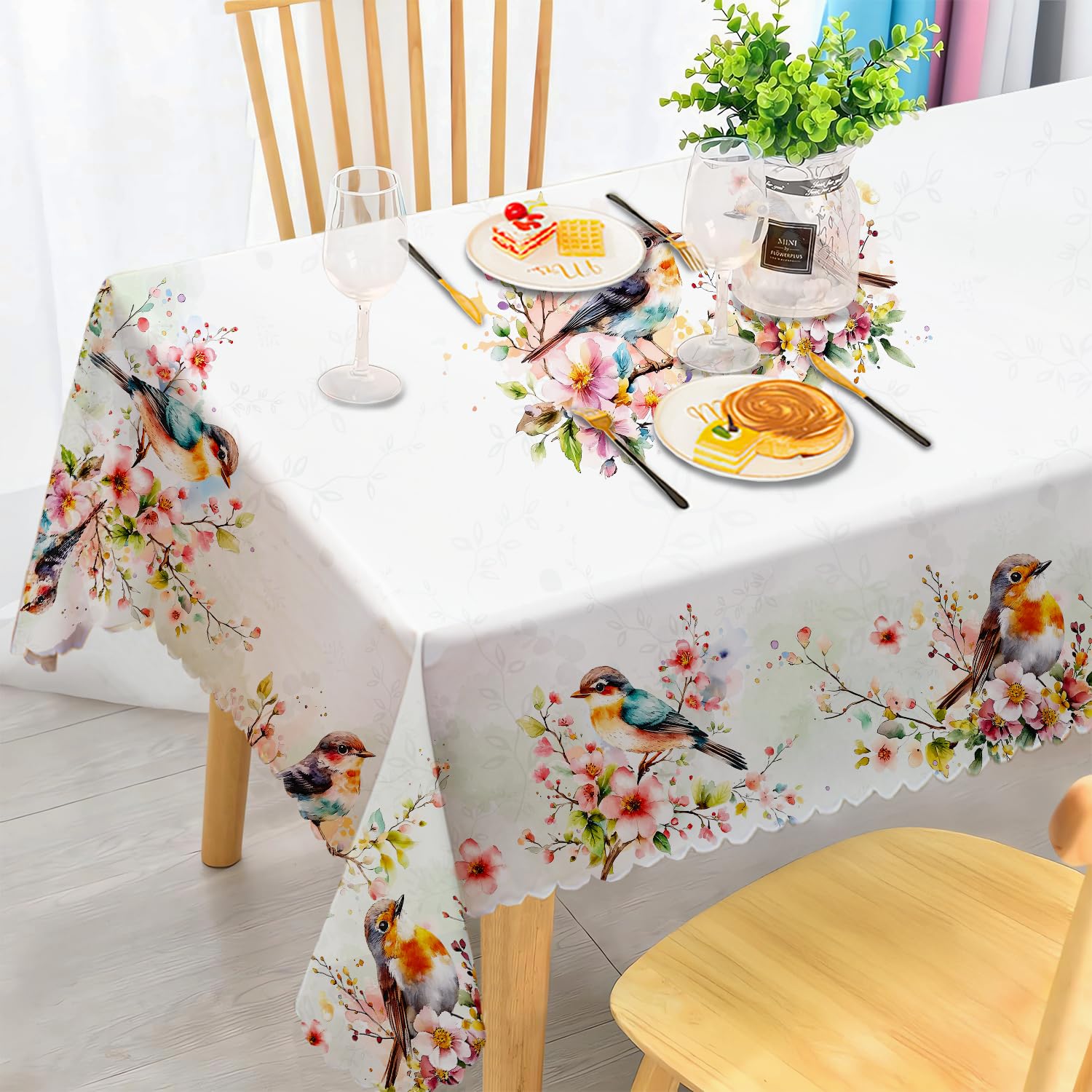 iEvery Watercolor Birds Tablecloth Wipe Clean 140x200cm, Wipeable Rectangular Table Cloth Waterproof Stain-Resistant Polyester Table Cover for 4-6 Seater Dining Kitchen Patio Garden Outdoor Decor — image 1
