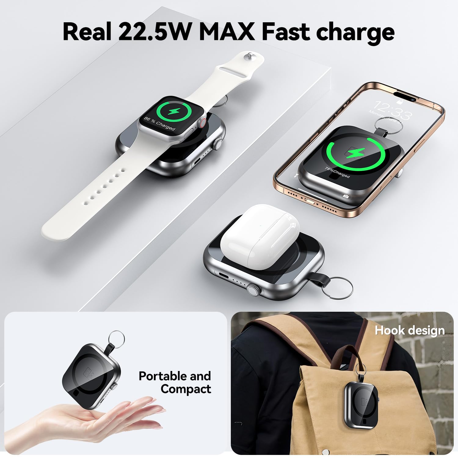 Power Bank magnetico da 10000 mAh con cordino staccabile, caricabatterie wireless magnetico 3 in 1, ricarica rapida PD da 22,5 W, batteria portatile compatta per iPhone 16/15/14/13/12, Apple