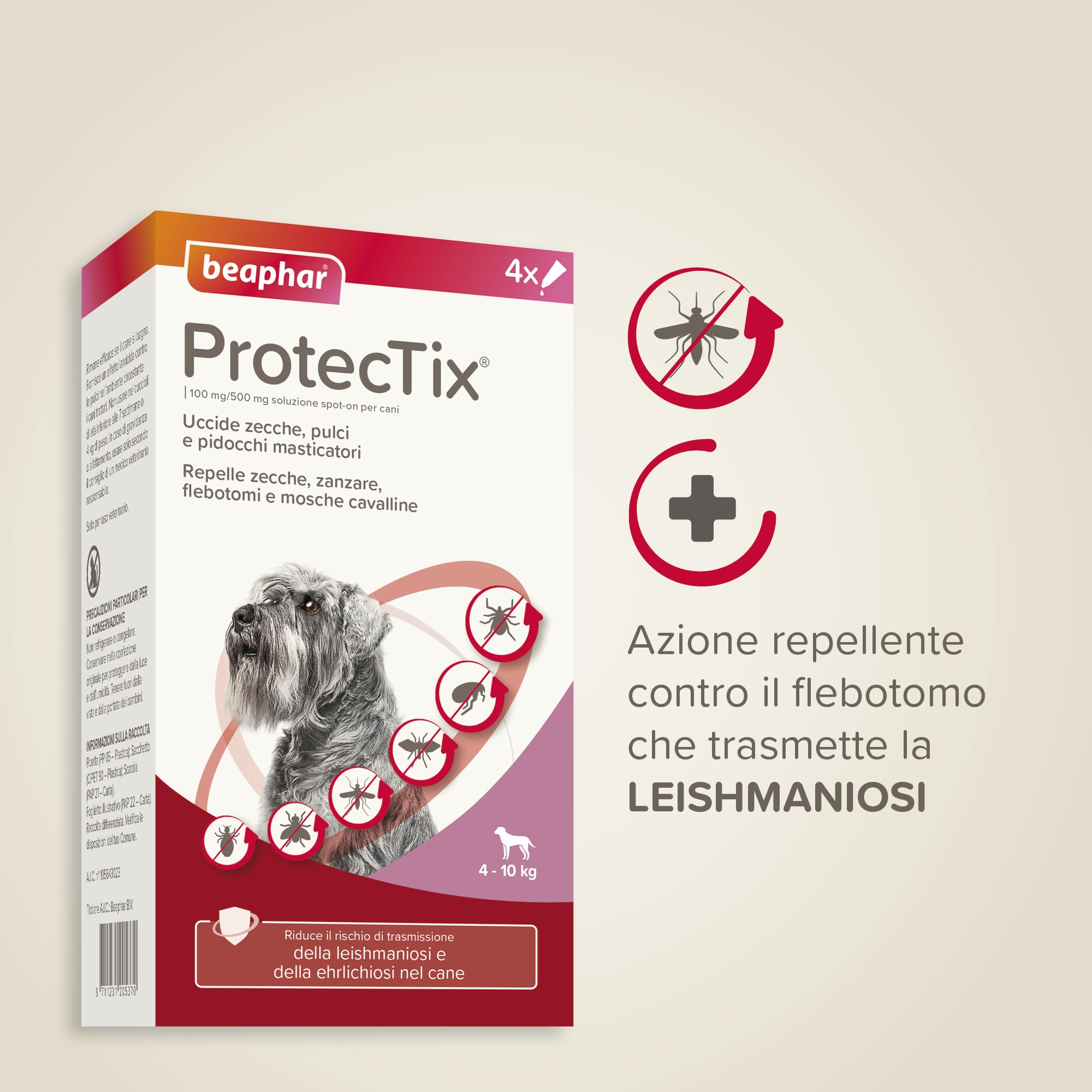 Beaphar ProtecTix Cane, Antiparassitario Spot-On per Cane Piccolo (4-10 Kg), Riduce il Rischio di Leishmaniosi, Contro Zecche, Pulci e Pidocchi, Confezione 4 Pipette da 1 ml