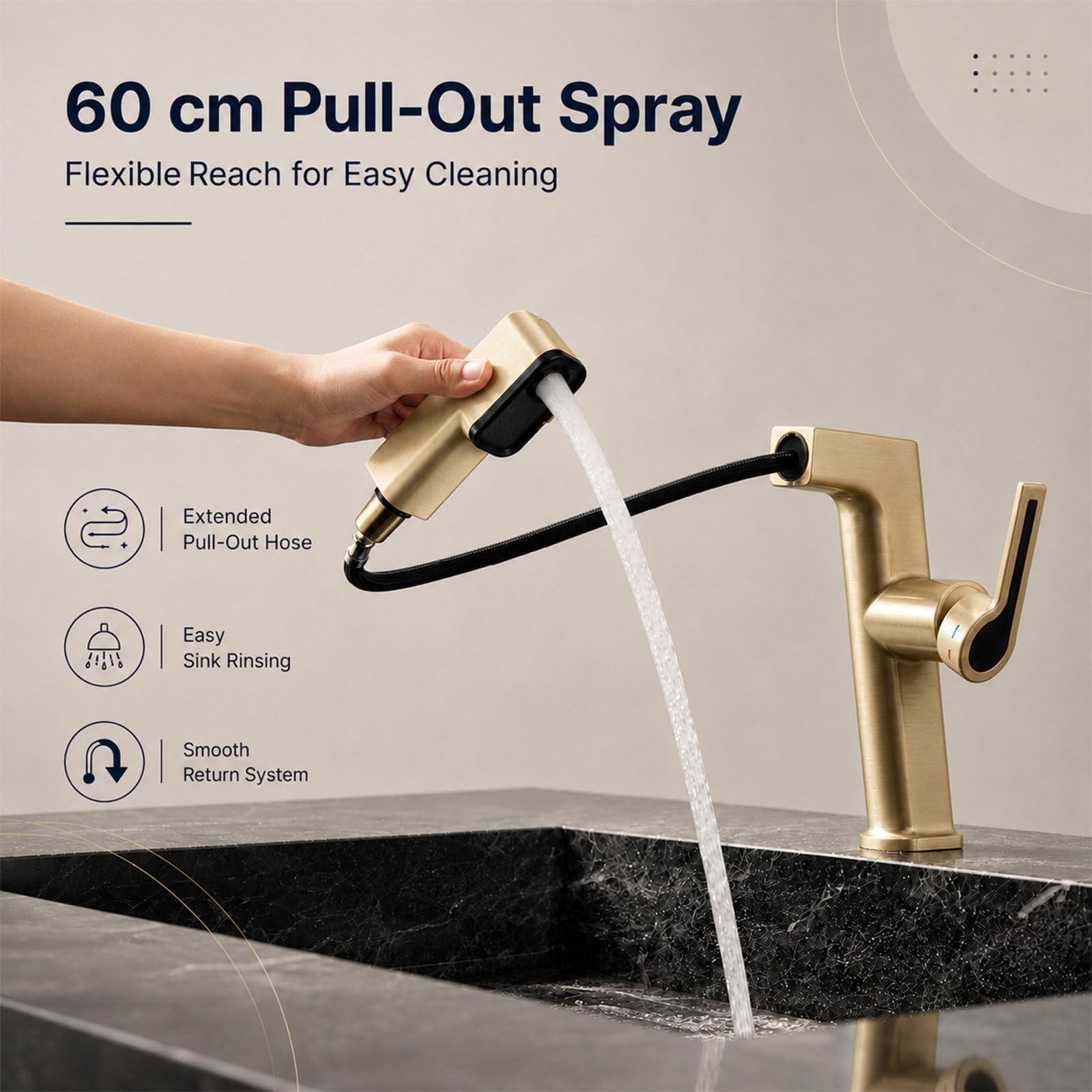 Grifo de Lavabo Extraíble para Baño, Monomando de Latón para Agua Fría y Caliente, 3 Modos de Flujo de Agua, Grifería con Caño Estirable, Incluye Mangueras de Entrada